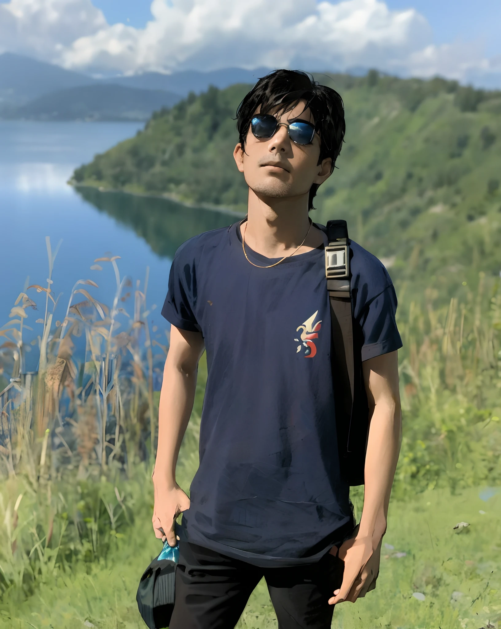 arafed man standing on a hill overlooking a lake and mountains, ramil sunga, lake in the background, with mountains in the background, near a lake, with a volcano in the background, nivanh chanthara, in lake, avatar image, ayan nag, with mountains in background, with short hair, in front of a forest background