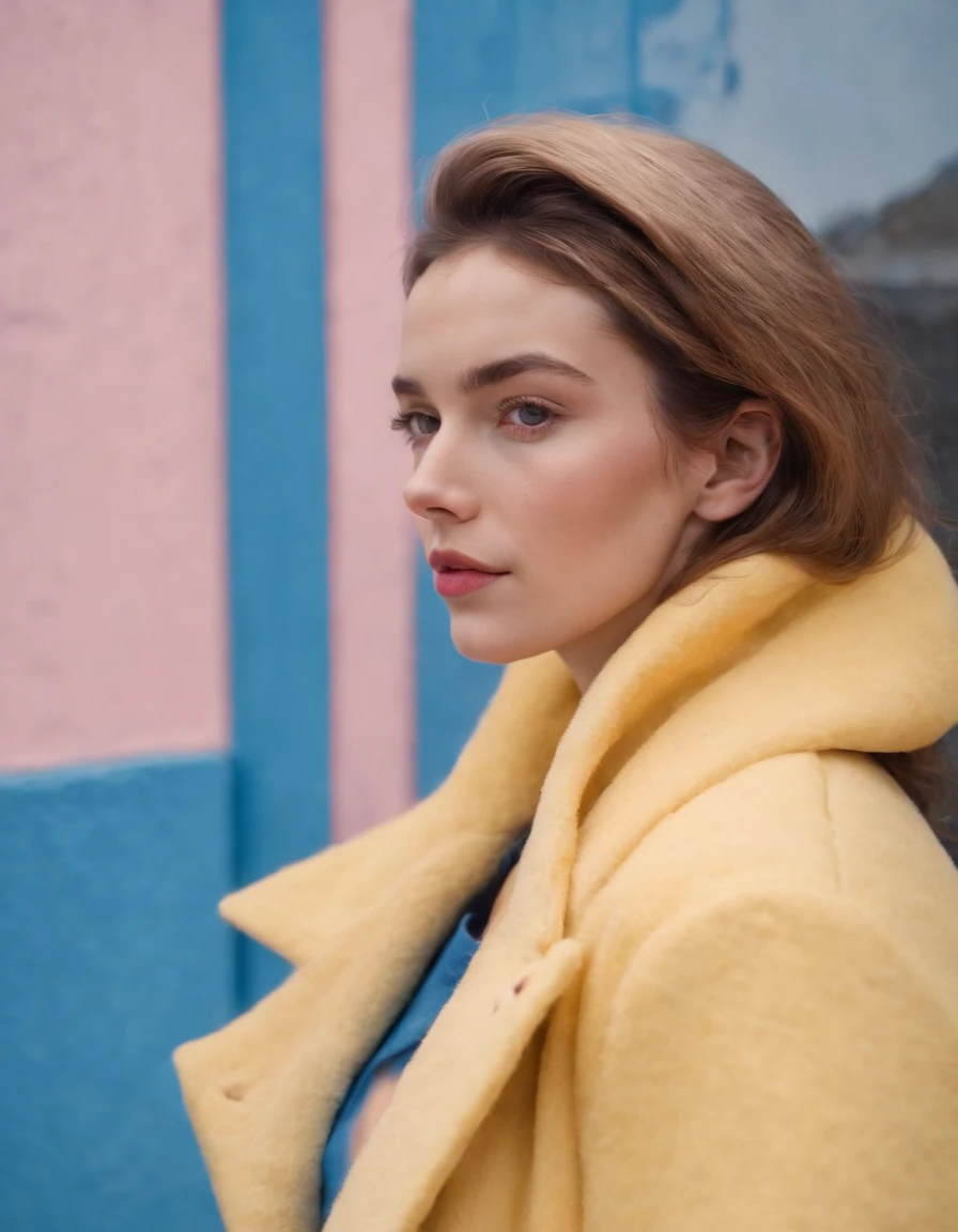 a young female wearing yellow and pink coats in front of blue wall, in the style of heatwave, transparent/translucent medium, contemporary vintage photography, lowbrow, poolcore, associated press photo, feminine body (medium shot)