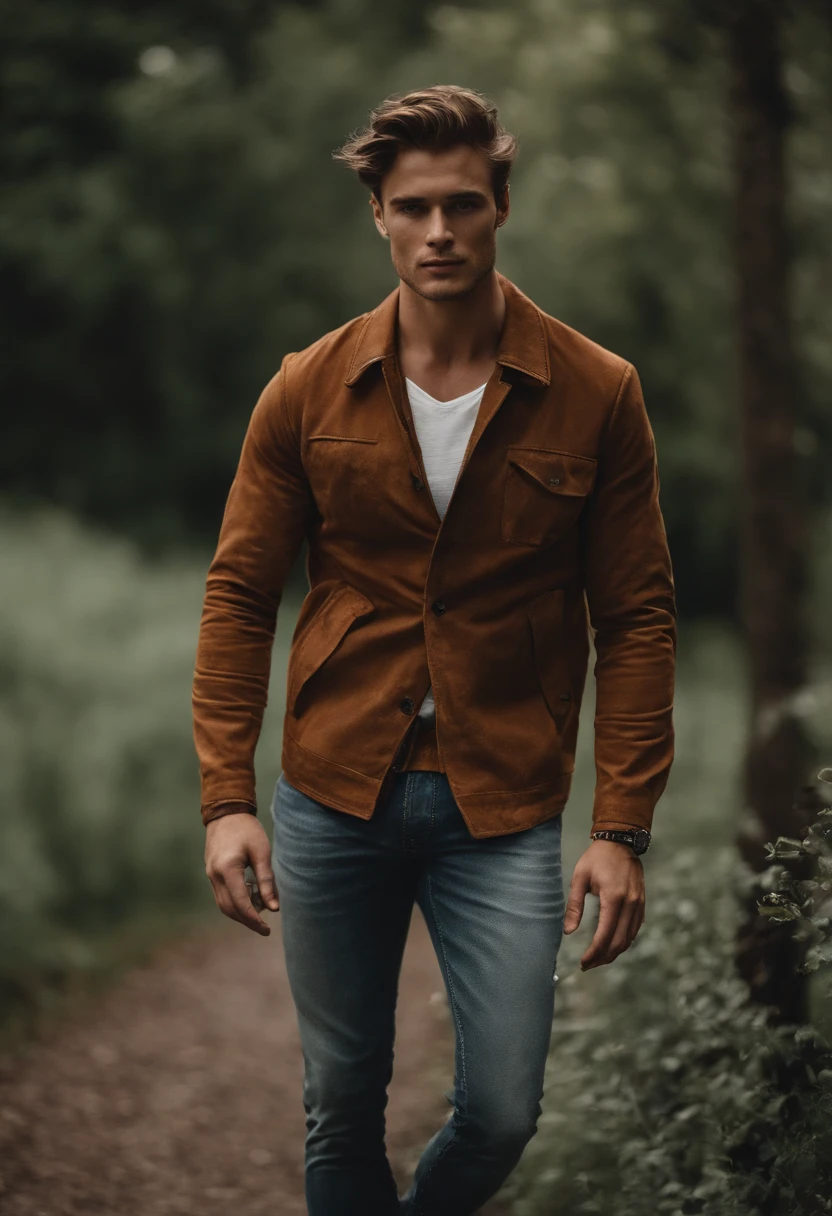 Alex Volkov is a striking European man in his late twenties, exuding an air of both ruggedness and sophistication. His strong jawline is accented by a hint of scruff, giving him a touch of casual masculinity. His steel-blue eyes, framed by well-defined eyebrows, hold a mixture of depth and mystery, hinting at a complex inner world. Alex's hair is a tousled chestnut brown, falling just above his brows in an effortlessly stylish manner.

Standing at around 6 feet tall, Alex possesses a lean and athletic build that suggests a blend of strength and agility. His posture is confident, a testament to his self-assured nature. His sun-kissed skin carries a healthy glow, a result of spending time outdoors, whether it's exploring the rugged countryside or engaging in physical activities.

Dressing in a way that combines classic and contemporary elements, Alex's style reflects his cosmopolitan sensibilities. He's often seen wearing well-fitted jeans, paired with tailored button-down shirts or soft, comfortable sweaters. On more formal occasions, he effortlessly dons sleek suits that emphasize his refined taste. There's a hint of adventure in his attire as well, such as a leather jacket that suggests he's not afraid to embrace life's uncertainties.