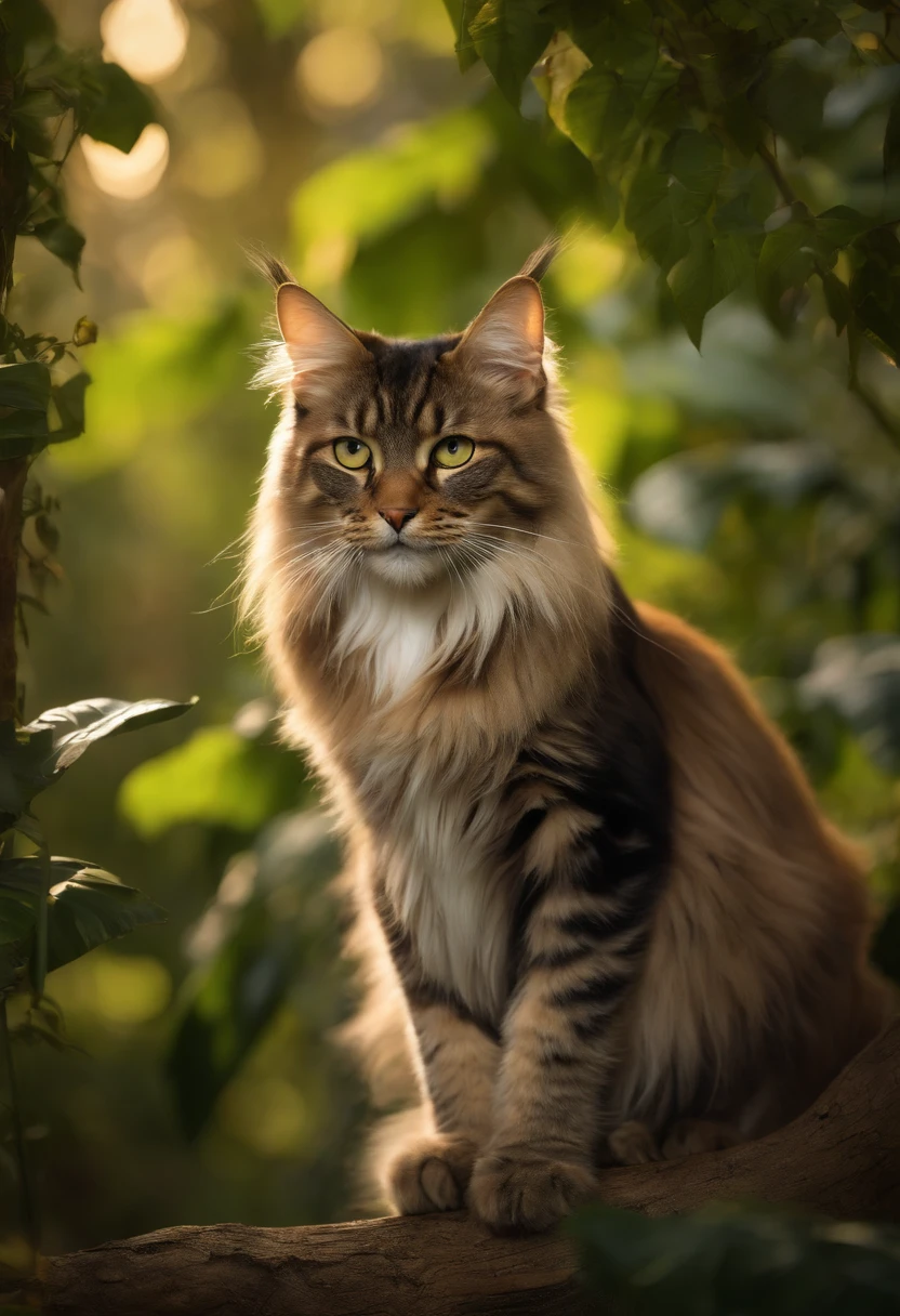 (best quality,high-res,ultra-detailed),Maine Coon cat,in a lush and vibrant forest,with a beam of light filtering through the dense foliage,gothic-inspired banana tree in the foreground,exquisitely detailed and realistic,with intricate and delicate patterns on the leaves and trunk,giving an air of mystery and elegance,branches and vines entwined with the tree,creating a sense of movement and dynamism,creating a visually captivating composition,the cat is sitting majestically on a branch,with piercing green eyes and a regal posture,the sunlight illuminating its majestic fur,with every strand and whisker meticulously rendered,the forest is alive with vibrant colors,from the vivid greens of the leaves to the rich shades of brown and orange of the tree trunk,enhanced by the warm and golden tones of the sunlight,the whole scene bathed in a magical and enchanting atmosphere,capturing the essence of the serene and mysterious beauty of the forest.