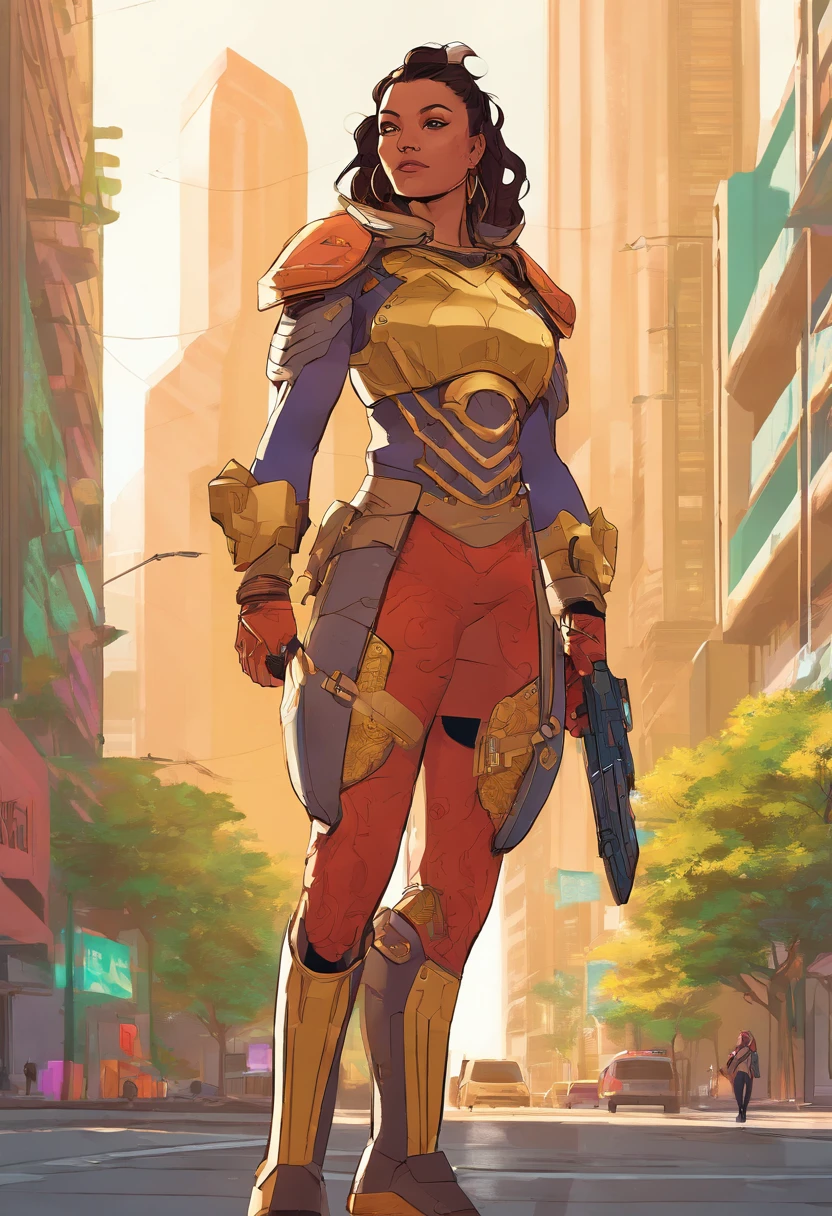 Generate an image of a regular size woman human female with dark hair tied into a bun, she's a solarpunk-inspired eco-street guardian knight in a city street. The guardian wears a futuristic lightweight solar-powered armor with a golden sheen. Her face is uncovered, revealing her determined expression as she walks among pedestrians. The guardian's presence is proportional to the human scale, not towering over the surroundings, and her armor does not have plants growing out of it. The city around her is a lush, eco-friendly metropolis with advanced solar technology seamlessly integrated into the architecture. The guardian embodies the spirit of sustainability and protection in this utopian urban setting.
