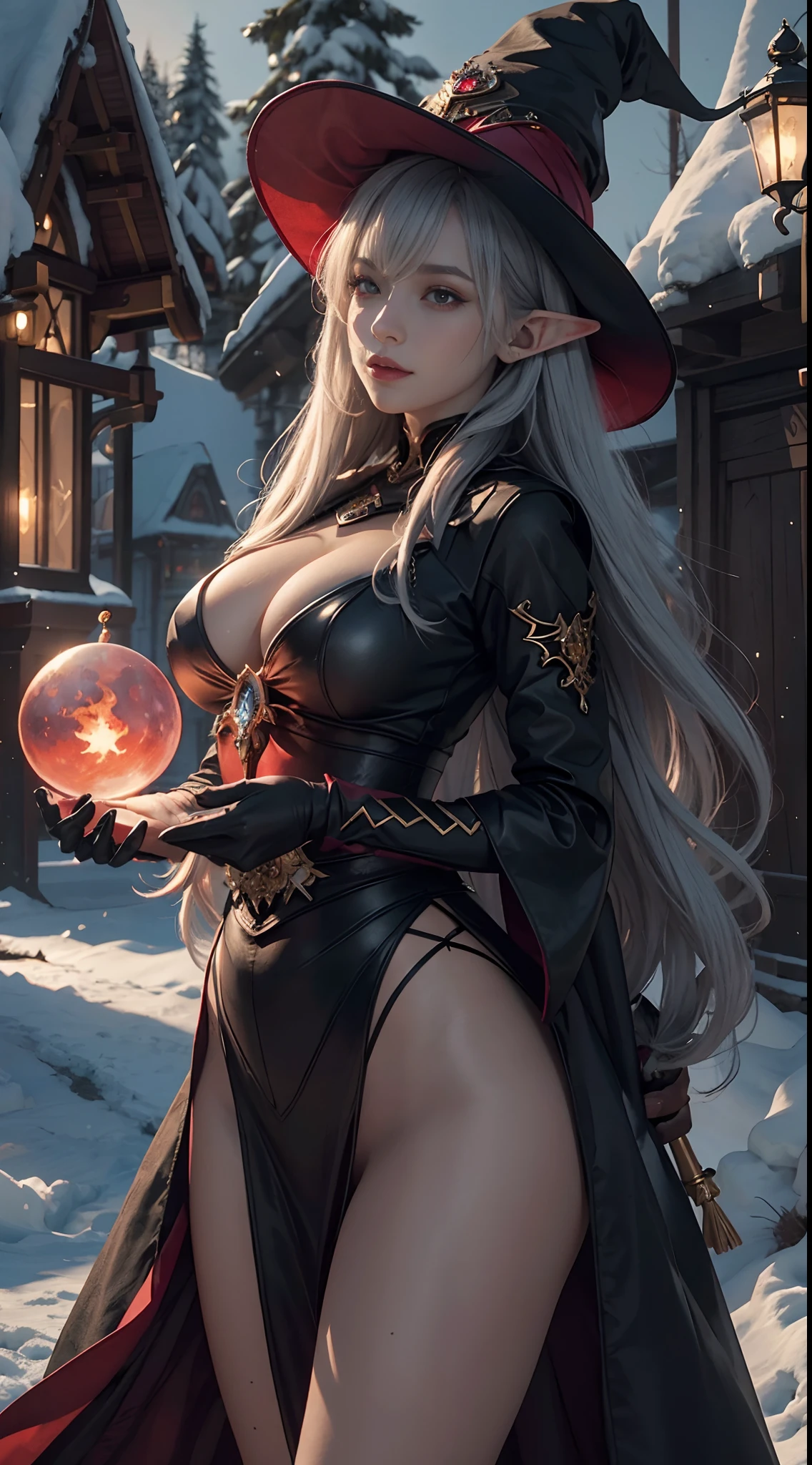 {masterpiece}, best quality, masterpiece,best quality,official art,extremely detailed CG unity 8k wallpaper,walking in the palace of magic,at night,in winter,snow, game_cg, girl, elf,wizard, mature female, gigantic breasts,wide hips,slim waist,cameltoe,miko,gray hair, blunt bangs,laughing, aqua eyes, makeup , red eyeshadow, large breasts,holding Magic fireball,gloves, wizard hat,drill hair,see-through clothing,((black wizard outfit)),red moon,Magic energy surrounds her,dark persona,fair skin,bubble butt,red pupil