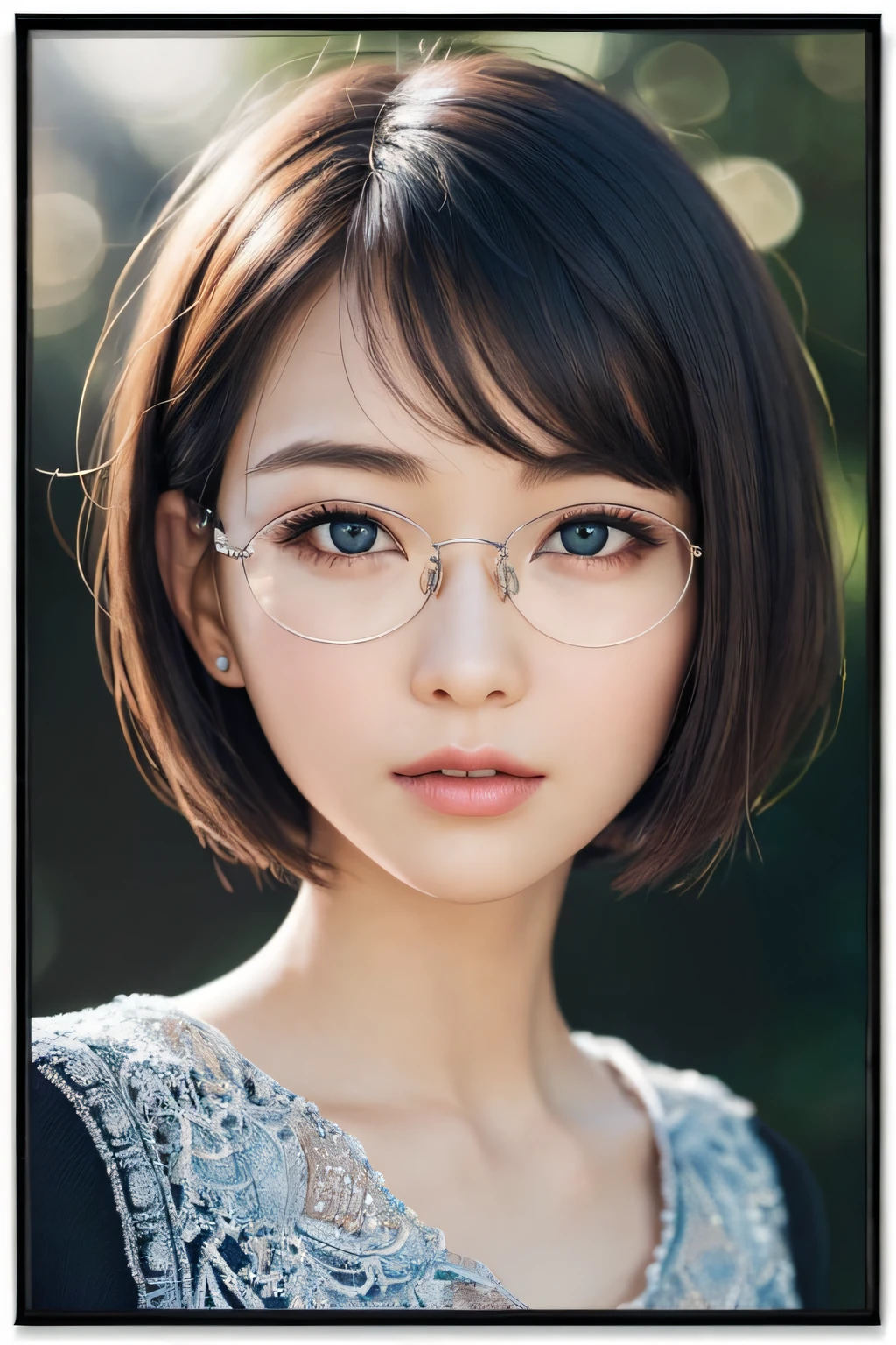 (short cut hair:1.4), breastsout, large breast:1.2, Blue-eyed, (perfect glossy shiny skins:1.3), (1girl in), (Best Quality,8K, Raw photography, top-quality, ​masterpiece:1.2), (Photorealsitic:1.37), (Exquisitely detailed), Ultras_Color, (realisitic), hightquality, ultra-detailliert, (real looking skin), (intricate-detail), (Dramatic_light), (Beautiful_Detailed_light), lensflare, Ultras_Color, (Shining_Particle), (Bright_Dust_Particle), Professonal lighting, photon maping, hight resolution, ighly detailed, lighting like a movie, (beautiful tbig eyes),lightsmile:1.2, High Nose Bridge,shinny eyes,(22 year old beautiful Japan woman),(A perfectly proportioned face),(lofty nose),Beautiful composition,(slim),nice hand,perfect hand,(huge-breasted:1.2),looking at the viewers,Dynamic Poses,Luminous particles,(shinny skin),Beautiful eyes,Beautiful face,(resin-framed glasses:1.3),(Forehead:1.3),Gray hair:1.2,