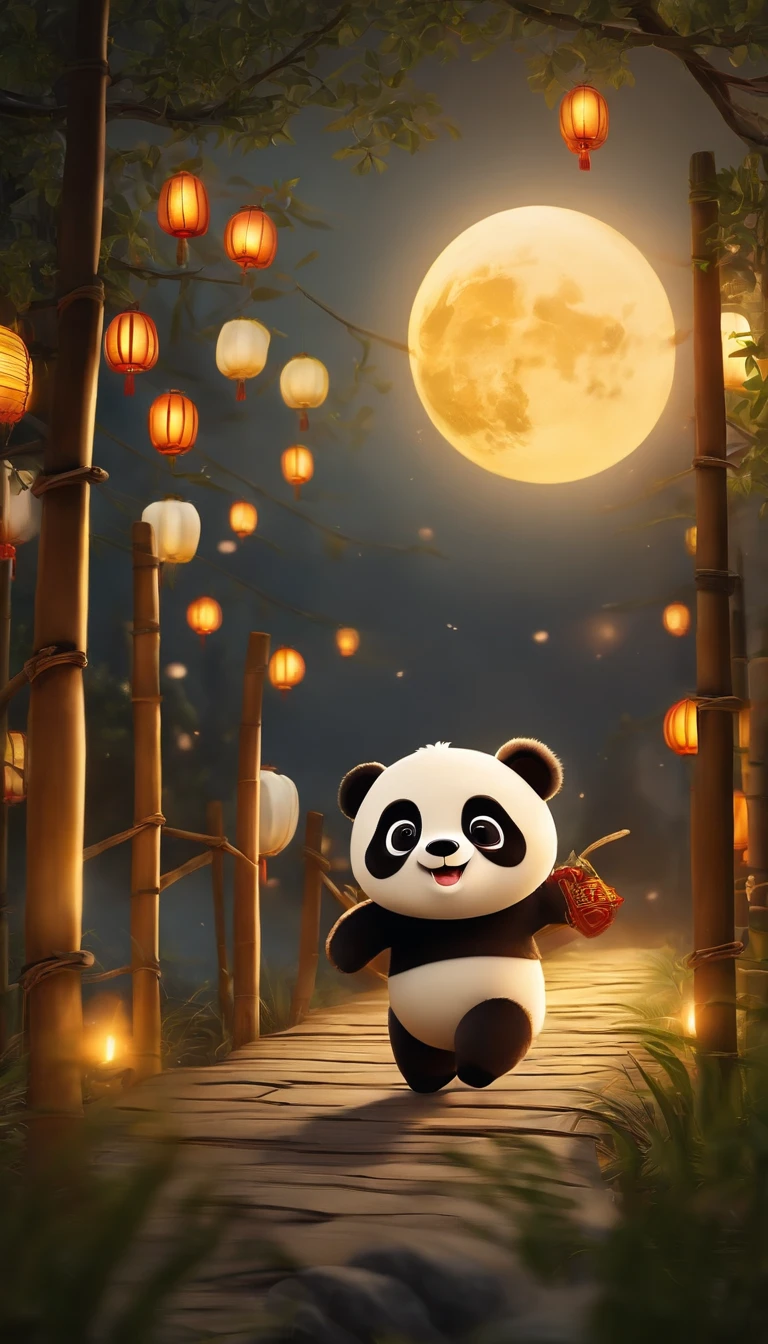 Mid-Autumn Festival、full moon、Two cute pandas stood up,Run towards the camera,themoon,As estrelas,Mooncake stalls、The lights will be lit、fire works、tradit、celebrating、enviroment、Plaza、Bamboo lanterns、the night、celebrating、Artistically、device、decor、resource,high definition resolution