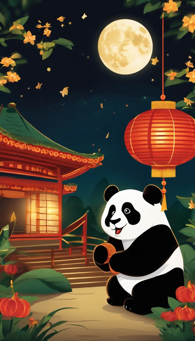 Mid-Autumn Festival、full moon、Two cute pandas stood up,Run towards the camera,themoon,As estrelas,Mooncake stalls、The lights will be lit、fire works、tradit、celebrating、enviroment、Plaza、Bamboo lanterns、the night、celebrating、Artistically、device、decor、resource,high definition resolution
