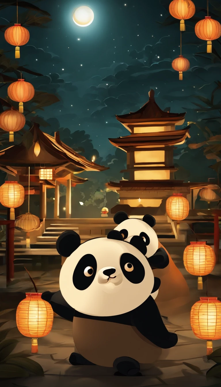 Mid-Autumn Festival、full moon、Two cute pandas stood up，Run towards the camera，themoon，As estrelas，Mooncake stalls、The lights will be lit、fire works、tradit、celebrating、enviroment、Plaza、Bamboo lanterns、the night、celebrating、Artistically、device、decor、resource，high definition resolution