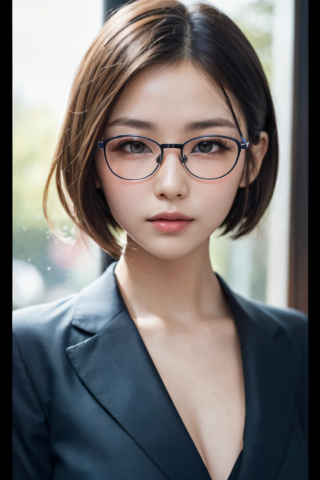 (short cut hair:1.4), breastsout, large breast:1.2, Blue-eyed, (perfect glossy shiny skins:1.3), (1girl in), (Best Quality,8K, Raw photography, top-quality, masterpiece:1.2), (Photorealsitic:1.37), (Exquisitely detailed), Ultras_Color, (realisitic), hightquality, ultra-detailliert, (real looking skin), (intricate-detail), (Dramatic_light), (Beautiful_Detailed_light), lensflare, Ultras_Color, (Shining_Particle), (Bright_Dust_Particle), Professonal lighting, photon maping, hight resolution, ighly detailed, lighting like a movie, (beautiful tbig eyes),lightsmile:1.2, High Nose Bridge,shinny eyes,(22 year old beautiful Japan woman),(A perfectly proportioned face),(lofty nose),Beautiful composition,(slim),nice hand,perfect hand,(huge-breasted:1.2),looking at the viewers,Dynamic Poses,Luminous particles,(shinny skin),Beautiful eyes,Beautiful face,(resin-framed glasses:1.3),(Forehead:1.1), (cowboy shot)