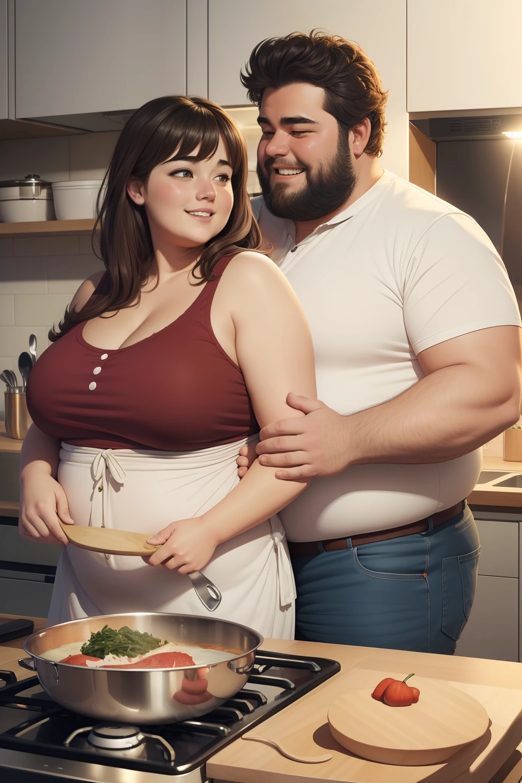 Digital illustration, A cute woman (slightly chubby) and an normal guy (chubby and hairy) having a happy and intimate time cooking together, energetic and intense scene, in the Style of Jean "Moebius" Girard and Milo Manara. Resolution: 8K, highly detailed."