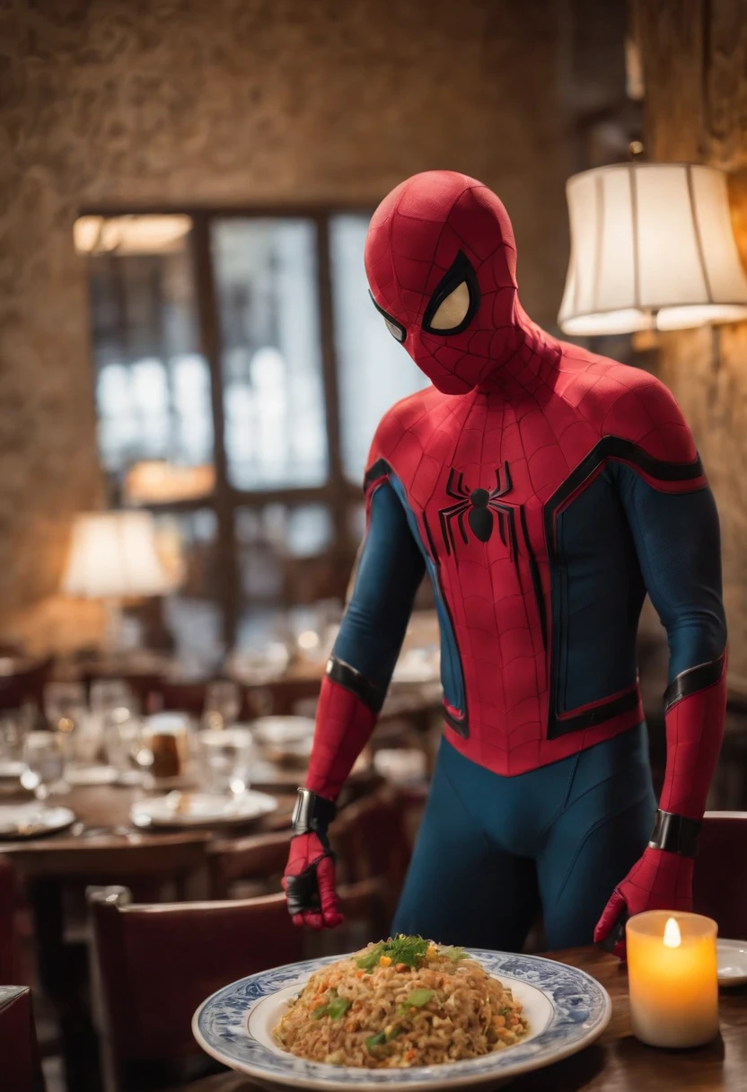 Cinematographer, ultra realista, Ropa detallada, Bellamente detallado, UHD, HDR, Altas Resoluciones, ultra detallado, Detalles intrincados, Efectos texturales, absurdos, obra maestra, 8k:1.2. En esta imagen, vemos a Spider-Man en un inusual descanso de sus actividades heroicas. He's standing in a chic Asian restaurant in his iconic costume.................... Spider-Man holds a bowl of Chinese fried rice mixed with oriental stir-fried noodles in his hands skillfully.., usando unos elegantes palillos chinos para llevar un bocado a su boca. The plate is full of fried rice, salteado. The restaurant is decorated with traditional Chinese elements, como linternas rojas colgando del techo y dragones dorados esculpidos en las paredes. The dim light of the lanterns creates a warm and welcoming atmosphere in the place.