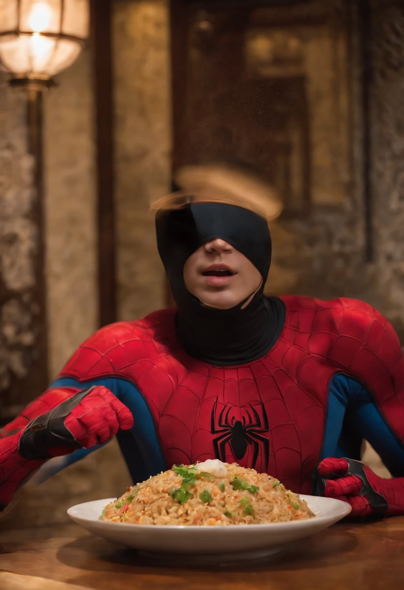 Cinematographer, ultra realista, Ropa detallada, Bellamente detallado, UHD, HDR, Altas Resoluciones, ultra detallado, Detalles intrincados, Efectos texturales, absurdos, obra maestra, 8k:1.2. En esta imagen, vemos a Spider-Man en un inusual descanso de sus actividades heroicas. He's standing in a chic Asian restaurant in his iconic costume.................... Spider-Man holds a bowl of Chinese fried rice mixed with oriental stir-fried noodles in his hands skillfully.., usando unos elegantes palillos chinos para llevar un bocado a su boca. The plate is full of fried rice, salteado. The restaurant is decorated with traditional Chinese elements, como linternas rojas colgando del techo y dragones dorados esculpidos en las paredes. The dim light of the lanterns creates a warm and welcoming atmosphere in the place.