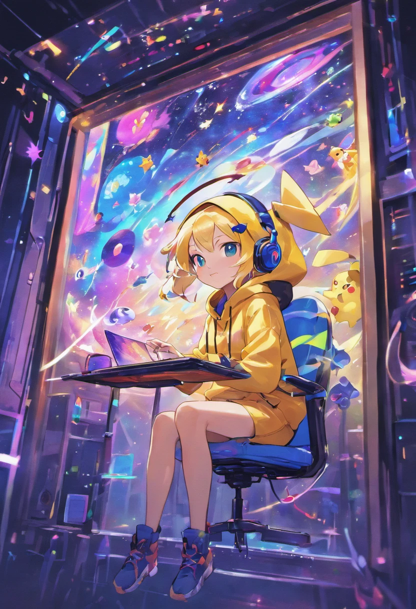 A digital window floating in cyber space and an operator woman sitting on a chair floating in space, operating the window floating around her. A beautiful face and brightly colored shining eyes. She wears a fancy hoodie with a hood and headphones. The lights of the digital window faintly illuminate the dark electronic space. The painting is detailed and well-drawn. Vivid colors. High image quality.