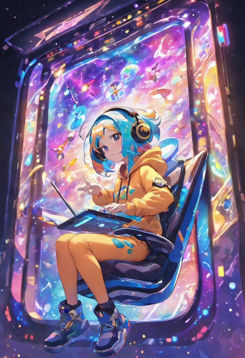 A digital window floating in cyber space and an operator woman sitting on a chair floating in space, operating the window floating around her. A beautiful face and brightly colored shining eyes. She wears a fancy hoodie with a hood and headphones. The lights of the digital window faintly illuminate the dark electronic space. The painting is detailed and well-drawn. Vivid colors. High image quality.