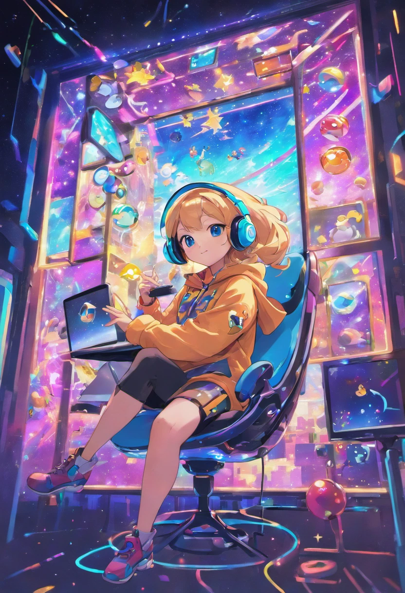 A digital window floating in cyber space and an operator woman sitting on a chair floating in space, operating the window floating around her. A beautiful face and brightly colored shining eyes. She wears a fancy hoodie with a hood and headphones. The lights of the digital window faintly illuminate the dark electronic space. The painting is detailed and well-drawn. Vivid colors. High image quality.