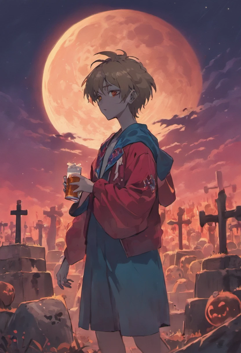 Zombie holding a beer in a graveyard, one red super moon for background. 80 inspired. Vector tshirt design. 80s Digital art