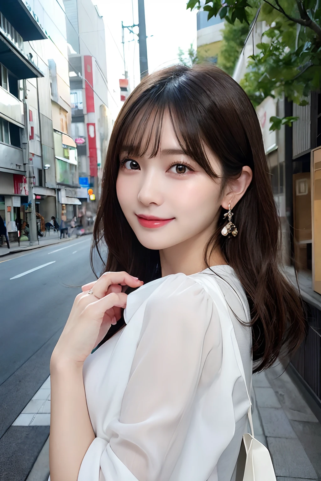 (A hyper-realistic), (illustratio), (hight resolution), (8K), (ighly detailed), (The best illustrations), (Beautiful detailed eyes), (top-quality), (ultra-detailliert), (masterpiece), (wall-paper), (详细的脸), (beautiful smiling face)、(beautiful countenance)、Long、Earrings with bangs、独奏、(((Cute Japan Beautiful Girl)))、 Japan beautiful girl 25 years old))、 (())、(((G Cup Big)))agitation、real looking skin、Hair fluttering in the wind、date、Dating Scenes、Date scene、Beautiful clothes、Date Clothes
