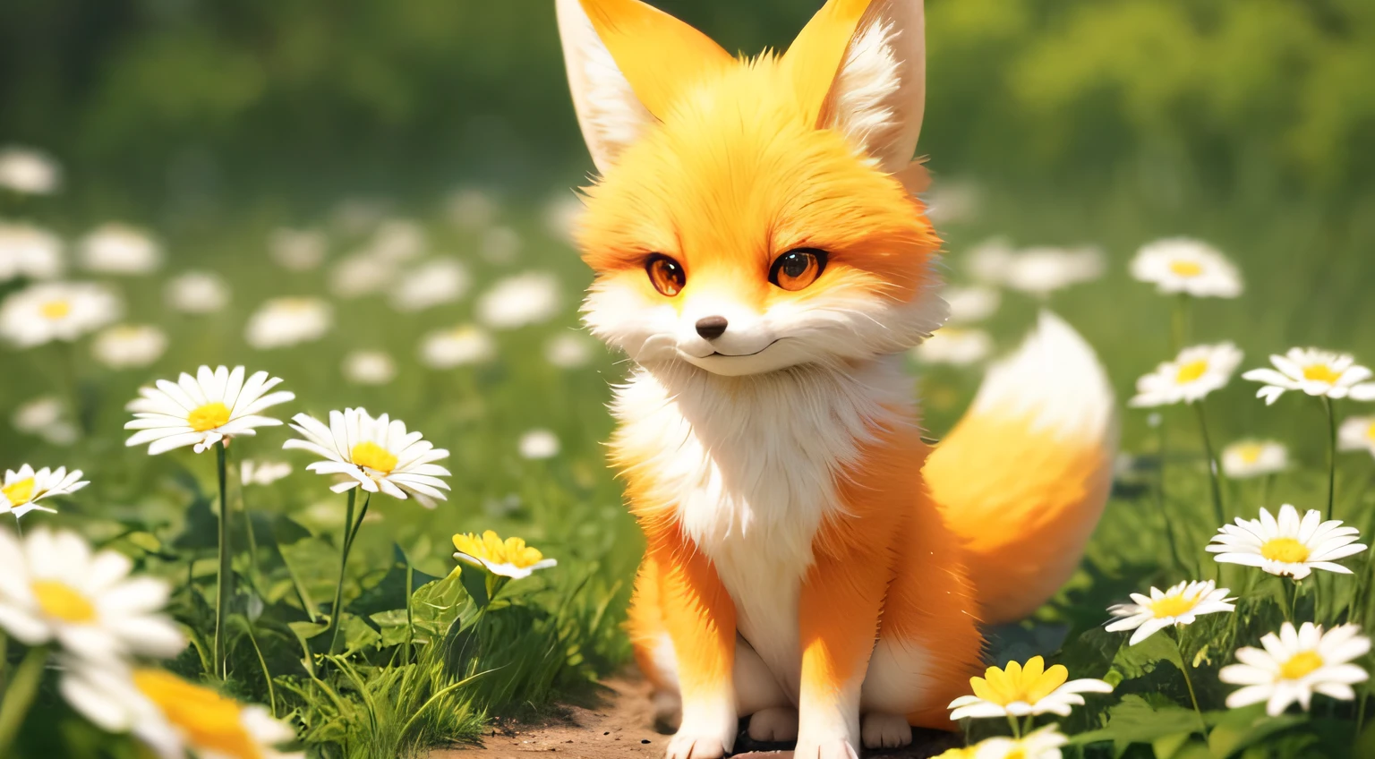 A yellow and white fur fox with big eyes, standing upright like a human in a field of grass and flowers. The fox is bowing with both hands together, showing a personified exaggerated expression. The upper body emits a soft glow, with a close-up shot of the facial expression. The image should be of the highest quality, with 4k or 8k resolution and ultra-detailed. The style should be a mix of illustration and photography. The color tone should be vibrant and warm, with a focus on vivid colors and bokeh effects. The lighting should be natural, with soft, diffused light illuminating the fox's face and body.