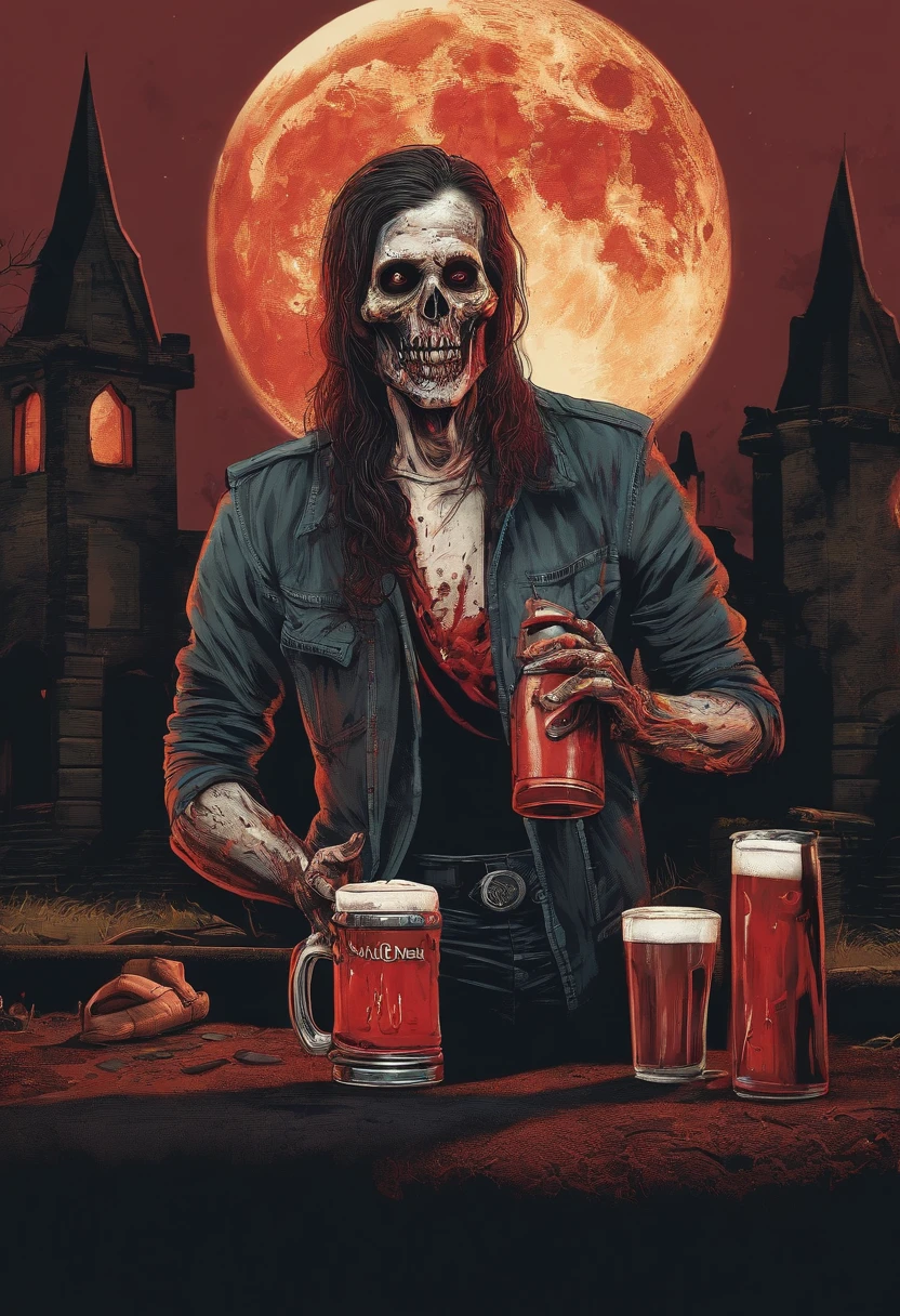 Zombie holding a beer in a graveyard, one red super moon for background. 80 inspired. Vector tshirt design. 80s Digital art