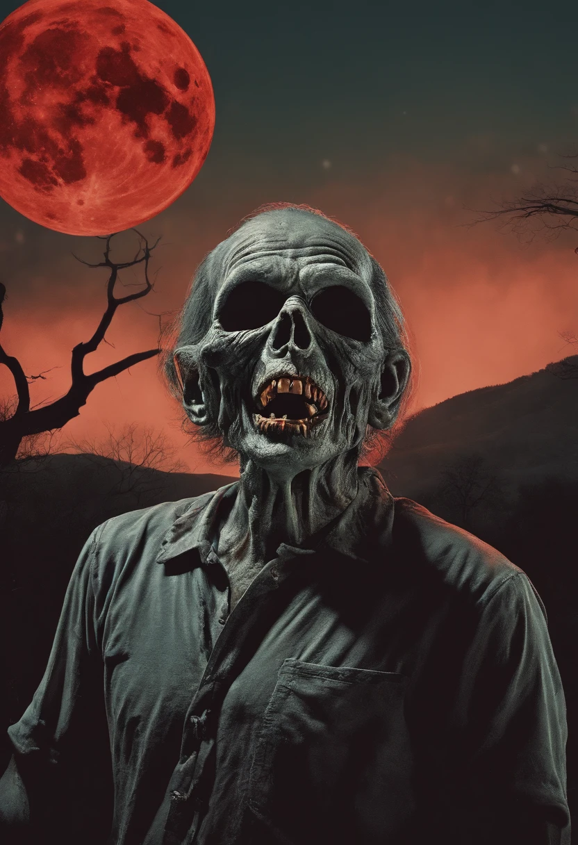 Zombie holding a beer in a graveyard, one red super moon for background. 80 inspired. Vector tshirt design. 80s Digital art