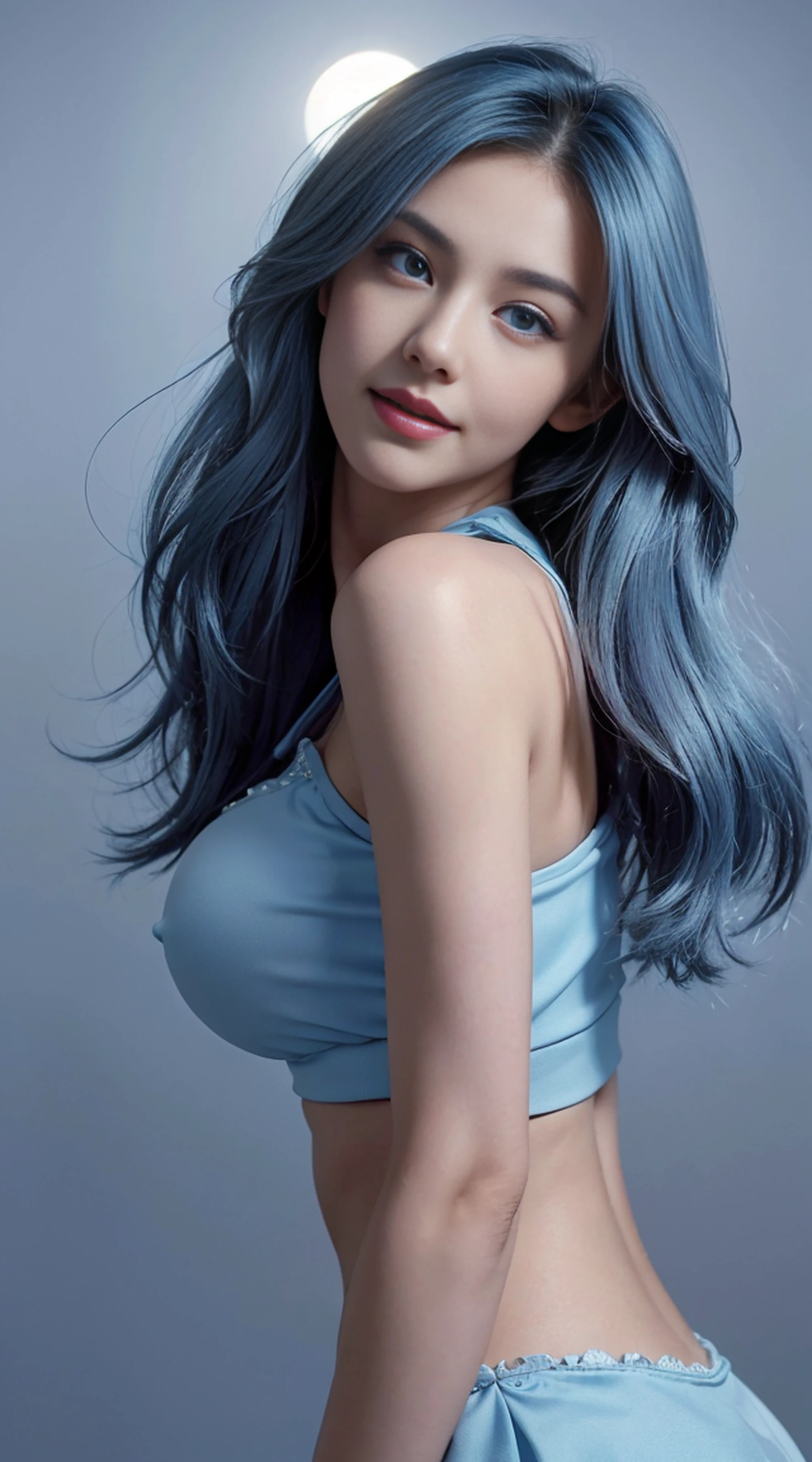 8K, Top Quality, Intricate Details, Ultra Detail, Ultra High Resolution, Masterpiece, random angle, Slender, Smile, (Makeup: 0.4), (Fluffy Blue Eyes: 1.21), blue Eyes, looking at viewer, ((full body)), 1girl, solo, 1 girl, (( full body)), close up shot, standing , ((tall)), (((fit body))), (((slim face))), sharp face, sharp eyes, (((sky blue hair, long hair, )) (detailed face), sharp face, small lips,
((Bolero )), detailed face, detailed breast, , large breast, detail ass, round ass , Beautiful girl with accentuated slender abs: 1.4, Six Pack Abs: 1.4, Bust Botox, Big, Perfect Body, detail leg, (( moonlight)),