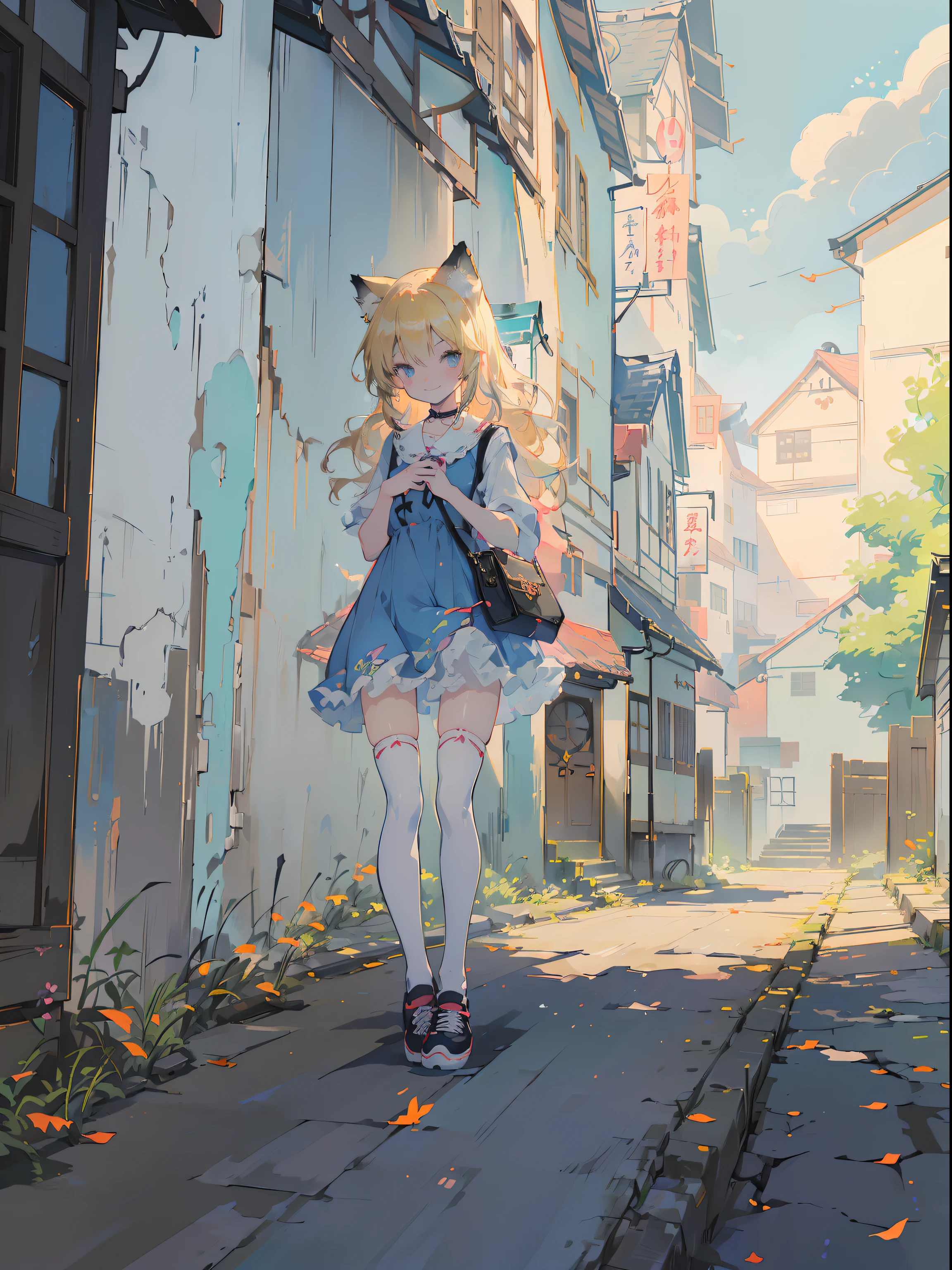 ((masutepiece, Best Quality: 1.1), ((Anime girl in blue dress with travel bag)), ((Shoes are sneakers)),Anime cat-eared girl in cute costume,((Autumn sky in Kyoto)), ((a blond))、(The long-haired)、Very Beautiful Anime Cat Girl, anime catgirl, ((white knee highs)), attractive cat girl, inspired by Leiko Ikemura, aya takano color style, in ryuuou no oshigoto art style, Cat Girl, touhou character, Rei Hiroe、With a smile