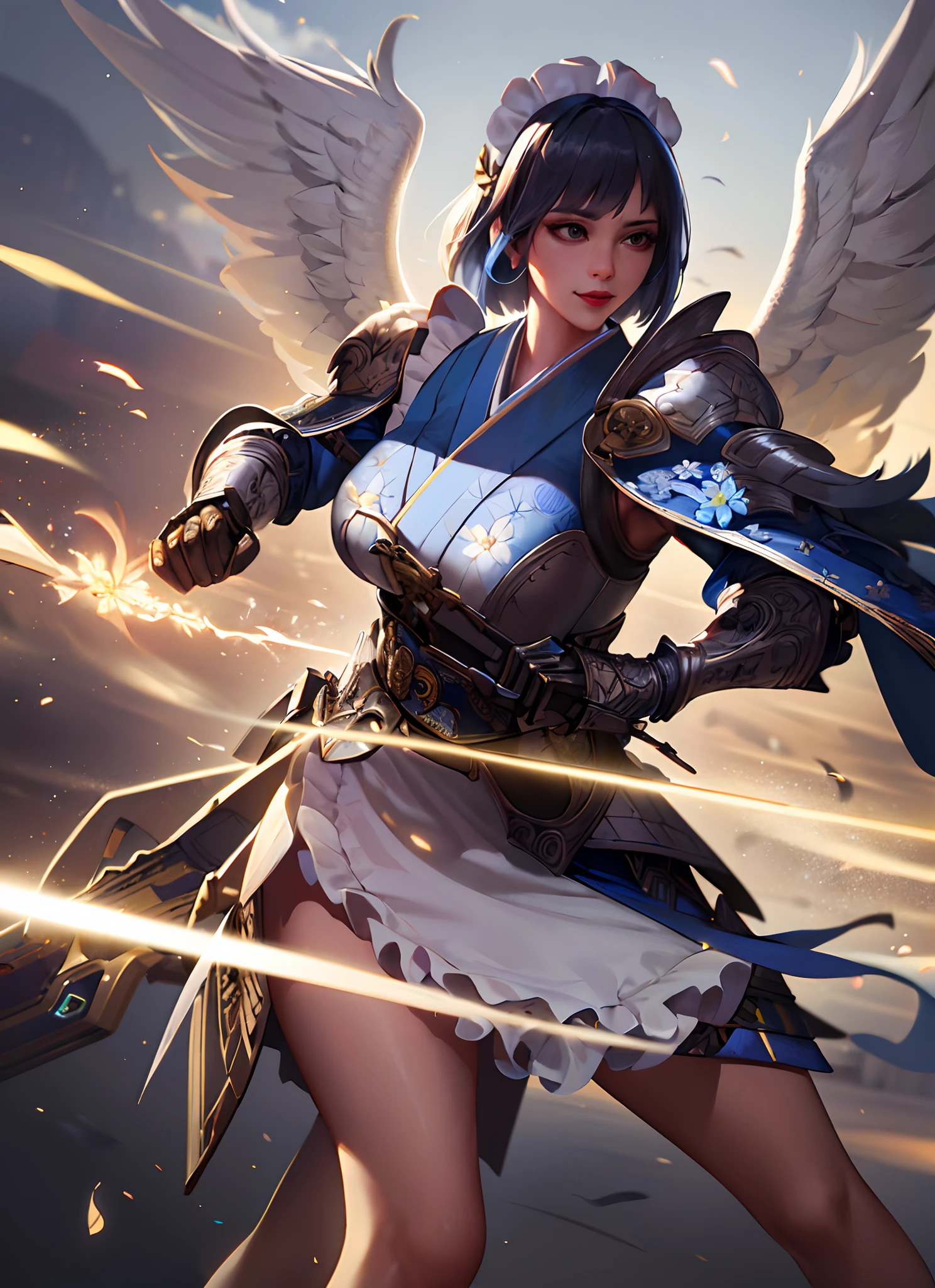 valkyrie、winged helmet、pluma、armor on the shoulders、Complex and complex perfect lighting、1girl、looking at the viewers、a smile、(masterpiece)、(top-quality)电影灯光、wingspan、flying though the air、Glowing feathers、Holy Light、vivid、Best Quality, (Extremely detailed: 1.5), masutepiece, 超A high resolution,(photographrealistic:1.4), 1 ADLT female, Cowboy Shot, (Wear battle armor:1.6), (Blue kimono with floral pattern:1.6), (maid:1.6), Blue Maid Microskirt, Holding a spear, Cheerful, Blue hair, (bob cuts:1.2), Curly hair, (Big eyes:1.1), (Raw feet:1.3),Big breasts, Wind, Dynamic Angle, Dynamic Pose, cloaks