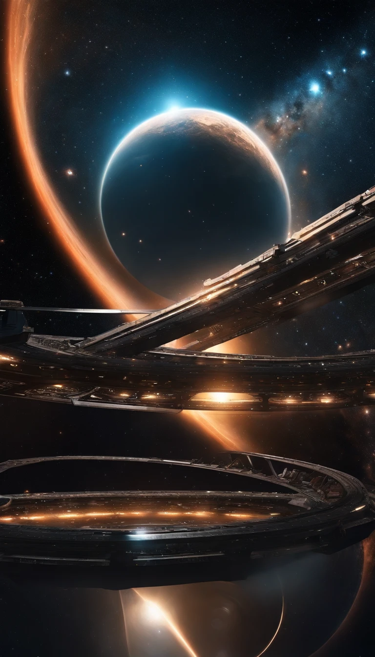 ((Masterpiece))，(Best quality))，Magnificent space image scene，heavenly body，Interstellar，Huge star gates，Spaceship，Shining starry sky，8K，super-fine，high qulity