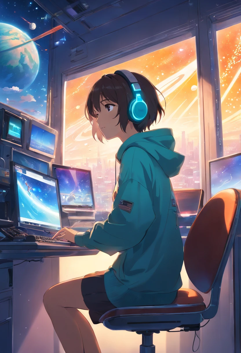 A digital window floating in cyber space and an operator woman sitting on a chair floating in space, operating the window floating around her. A beautiful face and brightly colored shining eyes. She wears a fancy hoodie with a hood and headphones. The lights of the digital window faintly illuminate the dark electronic space. The painting is detailed and well-drawn. Vivid colors. High image quality.