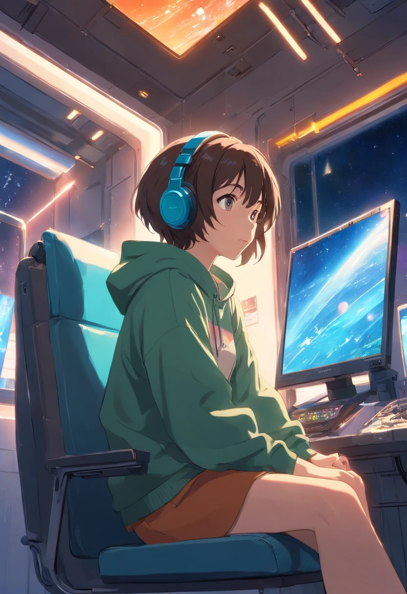 A digital window floating in cyber space and an operator woman sitting on a chair floating in space, operating the window floating around her. A beautiful face and brightly colored shining eyes. She wears a fancy hoodie with a hood and headphones. The lights of the digital window faintly illuminate the dark electronic space. The painting is detailed and well-drawn. Vivid colors. High image quality.