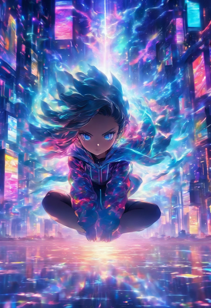 A digital window floating in cyber space and an operator woman sitting on a chair floating in space, operating the window floating around her. A beautiful face and brightly colored shining eyes. She wears a fancy hoodie with a hood and headphones. The lights of the digital window faintly illuminate the dark electronic space. The painting is detailed and well-drawn. Vivid colors. High image quality.