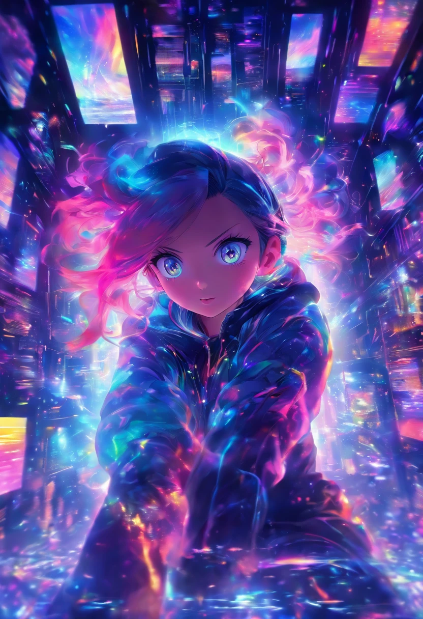 A digital window floating in cyber space and an operator woman sitting on a chair floating in space, operating the window floating around her. A beautiful face and brightly colored shining eyes. She wears a fancy hoodie with a hood and headphones. The lights of the digital window faintly illuminate the dark electronic space. The painting is detailed and well-drawn. Vivid colors. High image quality.