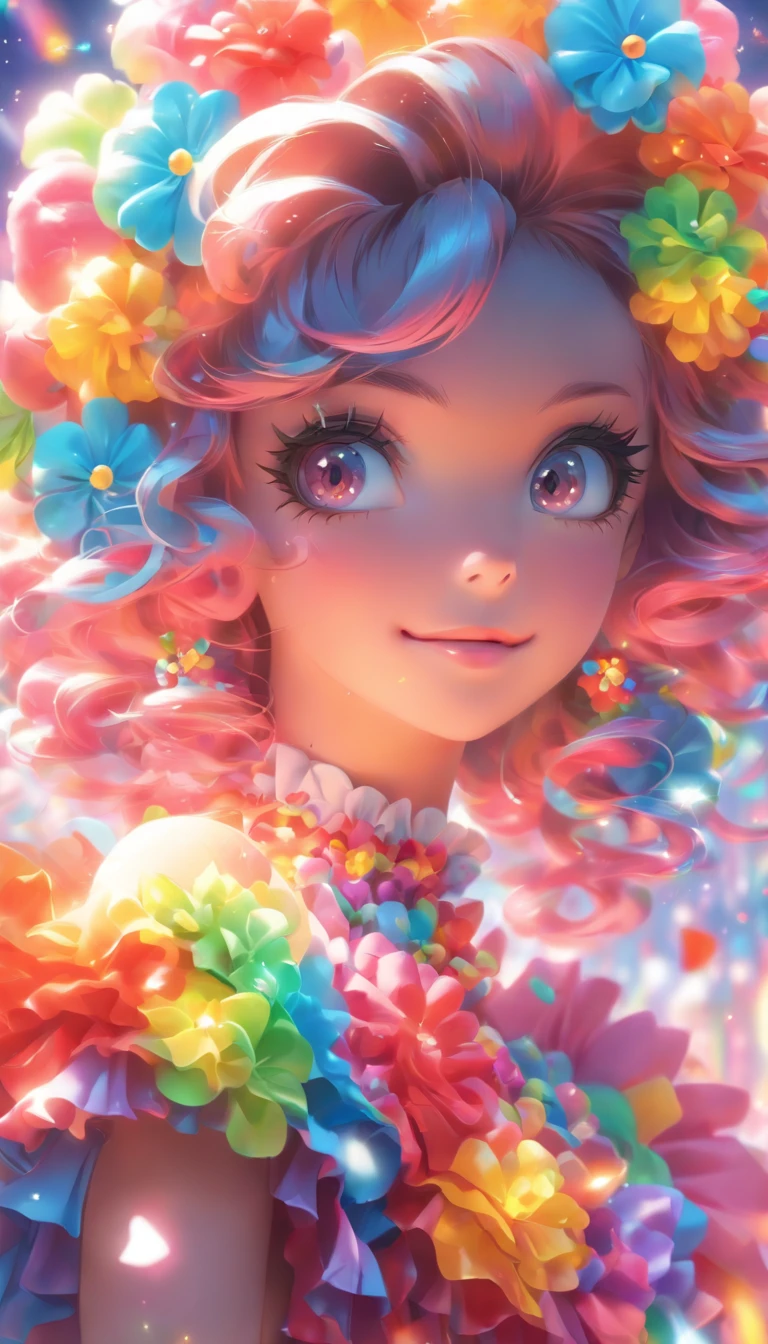 Masterpiece, Best quality,1girll,GothGal,Frilled dress 8K,A high resolution, ( flower_Styler:1.2)(rainbow-candy:1.2)