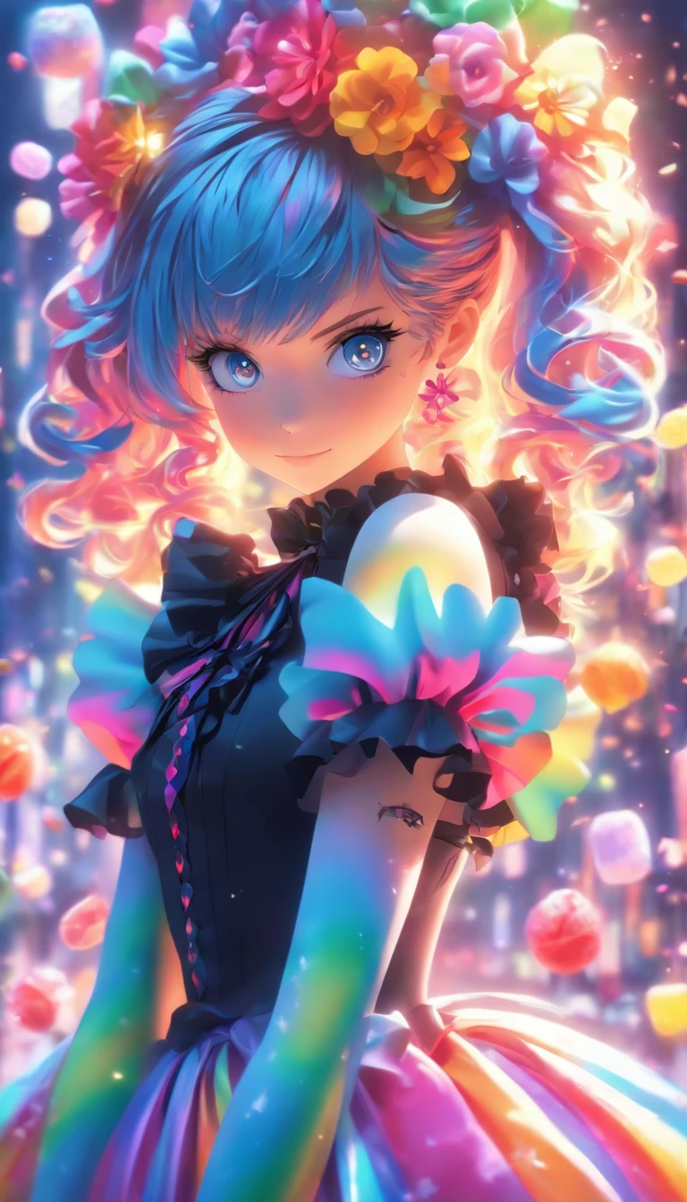 Masterpiece, Best quality,1girll,GothGal,Frilled dress 8K,A high resolution, ( flower_Styler:1.2)(rainbow-candy:1.2)