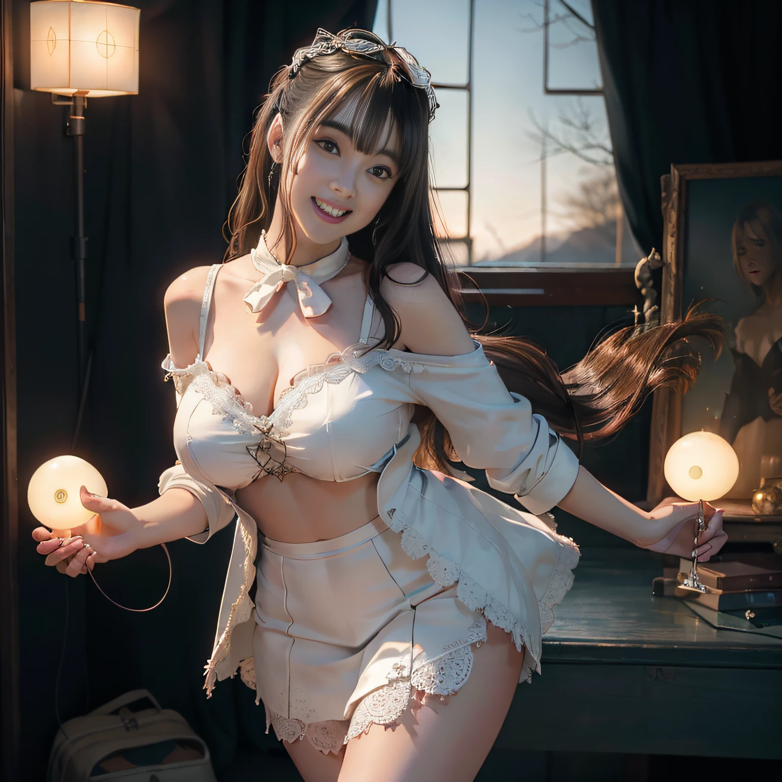 (Best Quality,4K,8K,hight resolution,masutepiece:1.2),Ultra-detailed,Laughing with white teeth、(Realistic,Photorealistic,Photorealsitic:1.37),Portraits,beautifull detailed face,Beautiful eyes,Beautiful lips,Tall Girl,poneyTail,bangss、a miniskirt,Clean feet,Big Bust,white lace garment,labo,scientific fiction,Manteau blanc,Dark lighting,Vivid colors、(FULL BODYSHOT)、