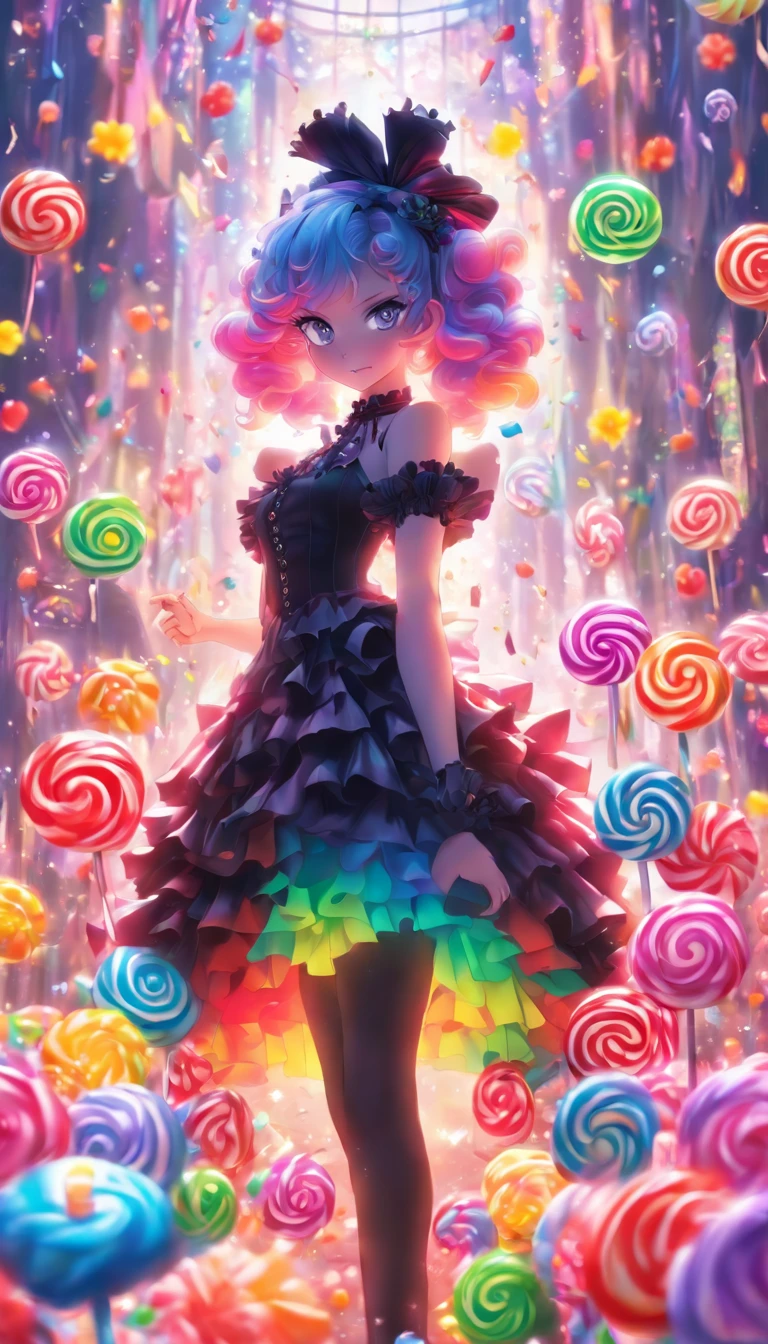 Masterpiece, Best quality,1girll,GothGal,Frilled dress 8K,A high resolution, ( flower_Styler:1.2)，(rainbow-candy:1.2)