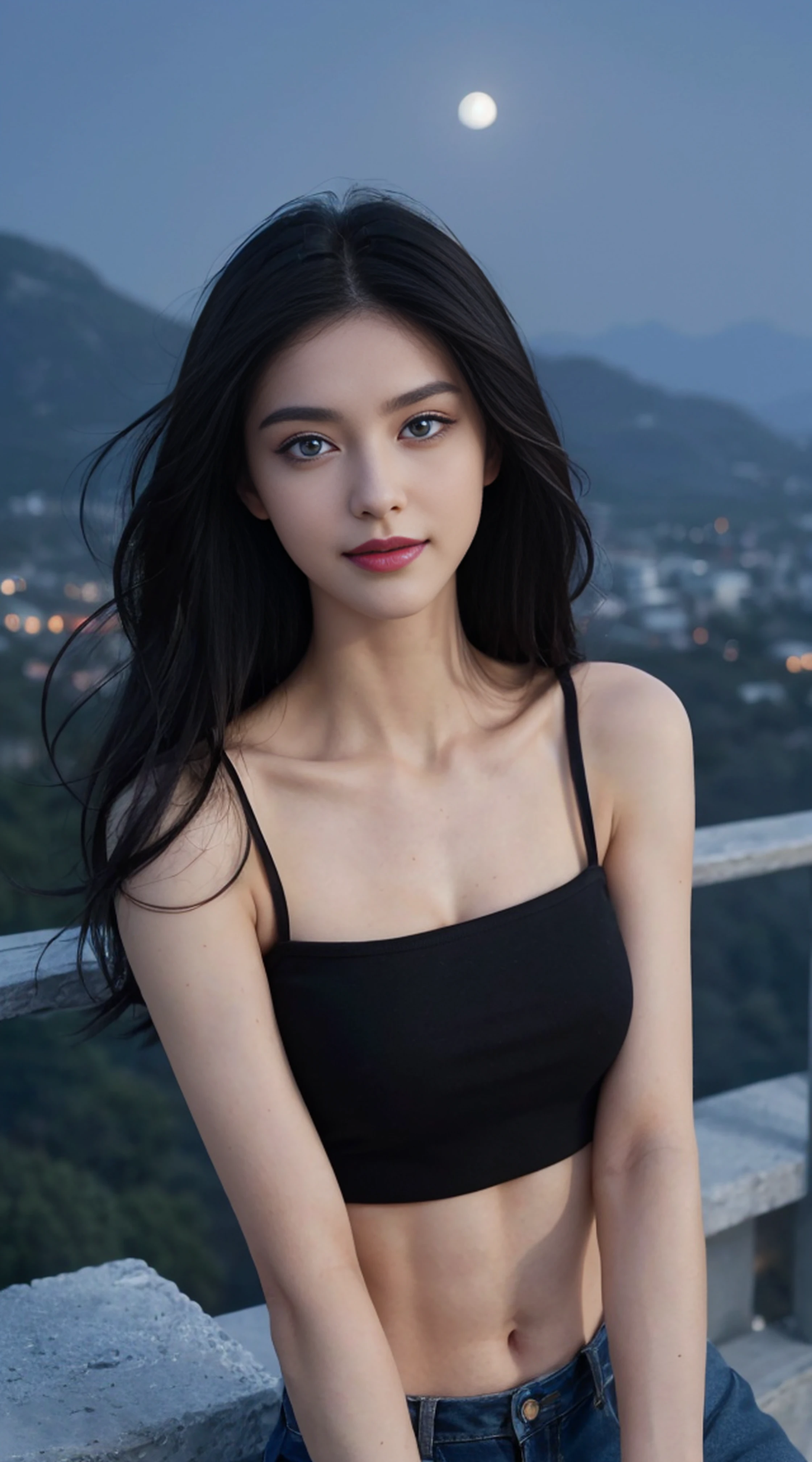 8K, Top Quality, Intricate Details, Ultra Detail, Ultra High Resolution, Masterpiece, random angle, Slender, Smile, (Makeup: 0.4), (Fluffy Blue Eyes: 1.21), blue Eyes, looking at viewer, ((full body)), 1girl, solo, 1 girl, (( full body)), close up shot, , ((tall)), (((fit body))), (((slim face))), sharp face, sharp eyes, (((black hair, long hair, )) (detailed face), sharp face, small lips,
((Crop top)), detailed face, detailed breast, , large breast, detail ass, , Beautiful girl with accentuated slender abs: 1.4, Six Pack Abs: 1.4, Bust Botox, Big, Perfect Body, detail leg, (( moonlight)), top of mountain