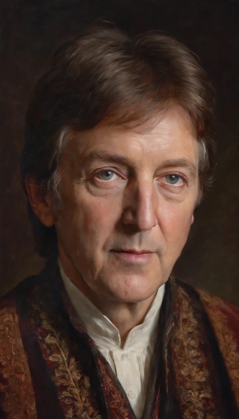 oil painting, heavy brushstrokes, paint drips, a breathtaking portrait of a smiling Paul McCartney, Baroque, dramatic contrasts between light and dark, emotional intensity, tenebrism, soft edges, oil on canvas, romanticism, baroque, realism, chiaroscuro, Dutch Golden Age, impasto, by Rembrandt van Rijn, by Rembrandt, rich, deep colors, layered image shaded by cells, golden ratio, award winning, professional, highly detailed, intricate, volumetric lighting, gorgeous, masterpiece, sharp focus, depth of field, perfect composition, award winner, artstation, acrylic painting, pixiv fanbox trends, palette knife and brush strokes, 16k hi-res, uhd