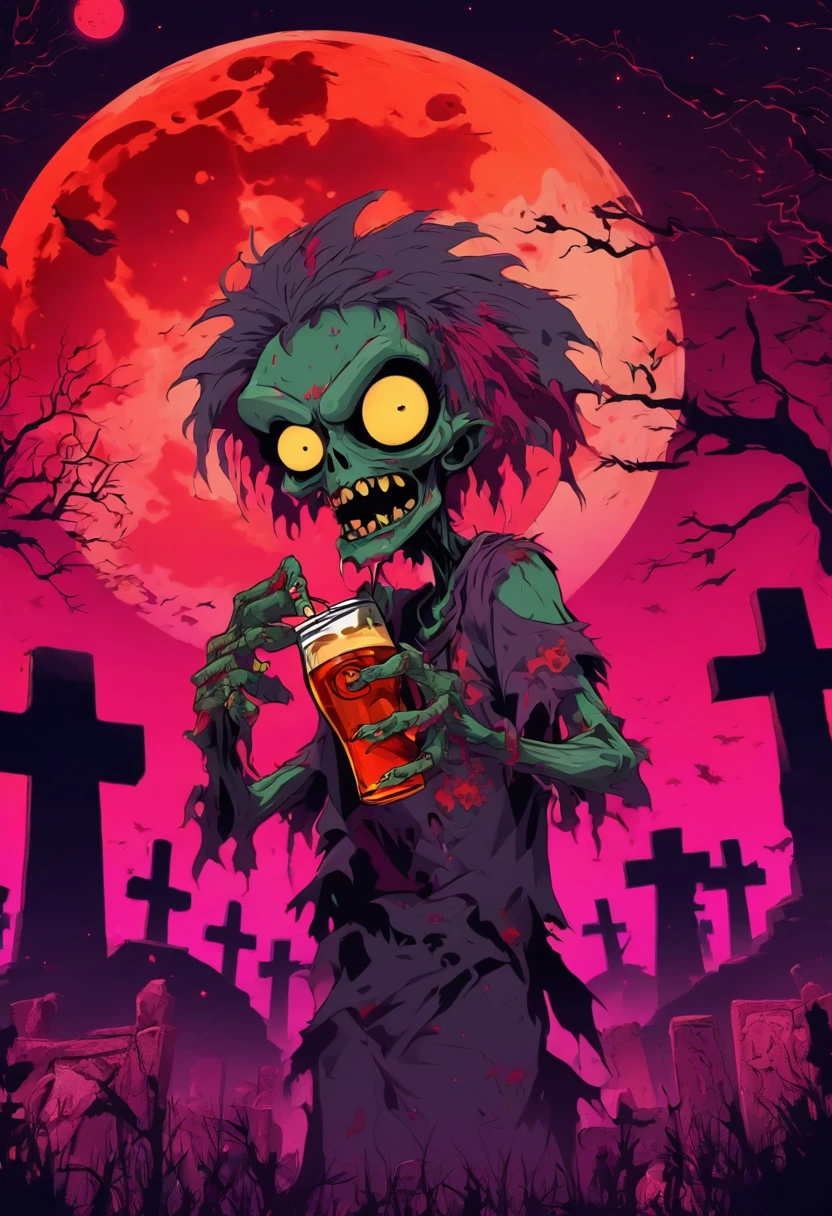 a cartoon-styled zombie man with a miserable expression. He is holding a  cocktail from blood and brain. The overall effect is a memorable, cinematic-quality image that combines horror and humor,     <lora:Ive_Got_The_Power:0.8>