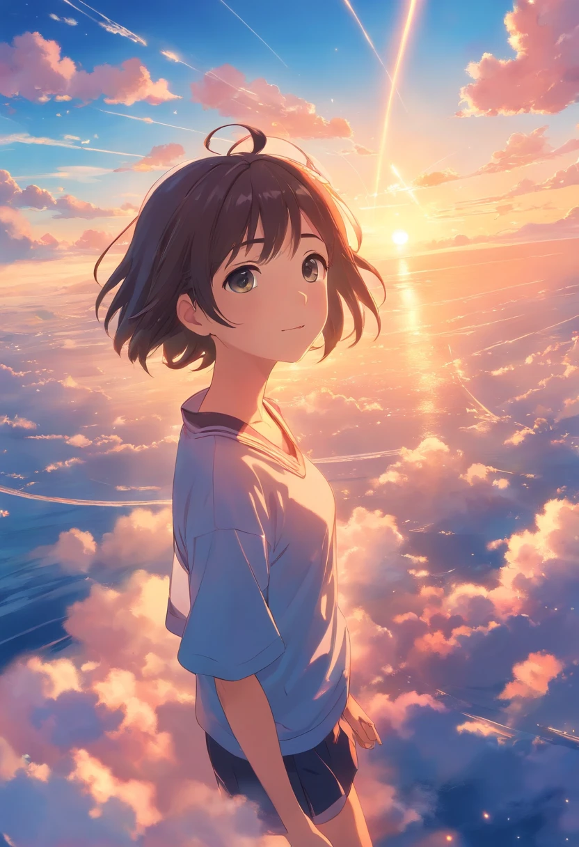 masterpiece, best quality, movie still, 1girl, cloud girl, floating in the sky, close-up, bright, happy, warm soft lighting, sunset, (sparks:0.7)