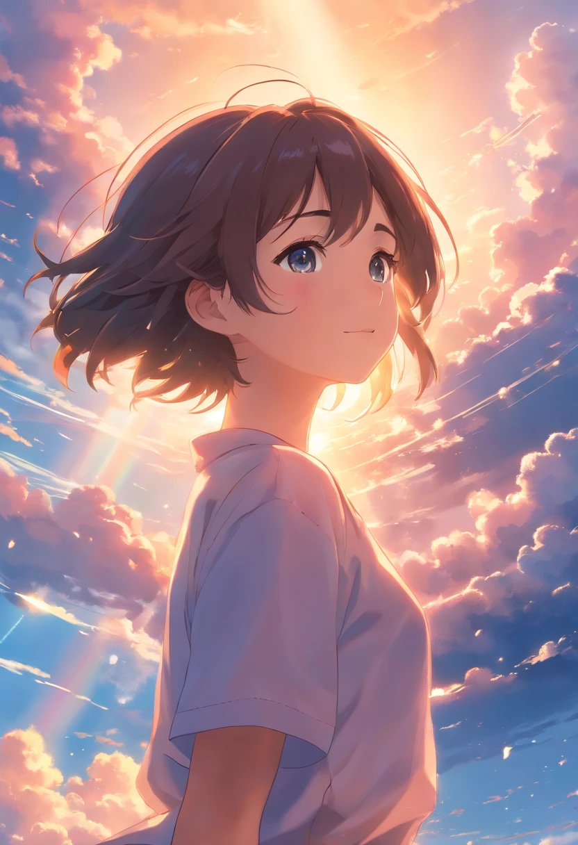 masterpiece, best quality, movie still, 1girl, cloud girl, floating in the sky, close-up, bright, happy, warm soft lighting, sunset, (sparks:0.7)