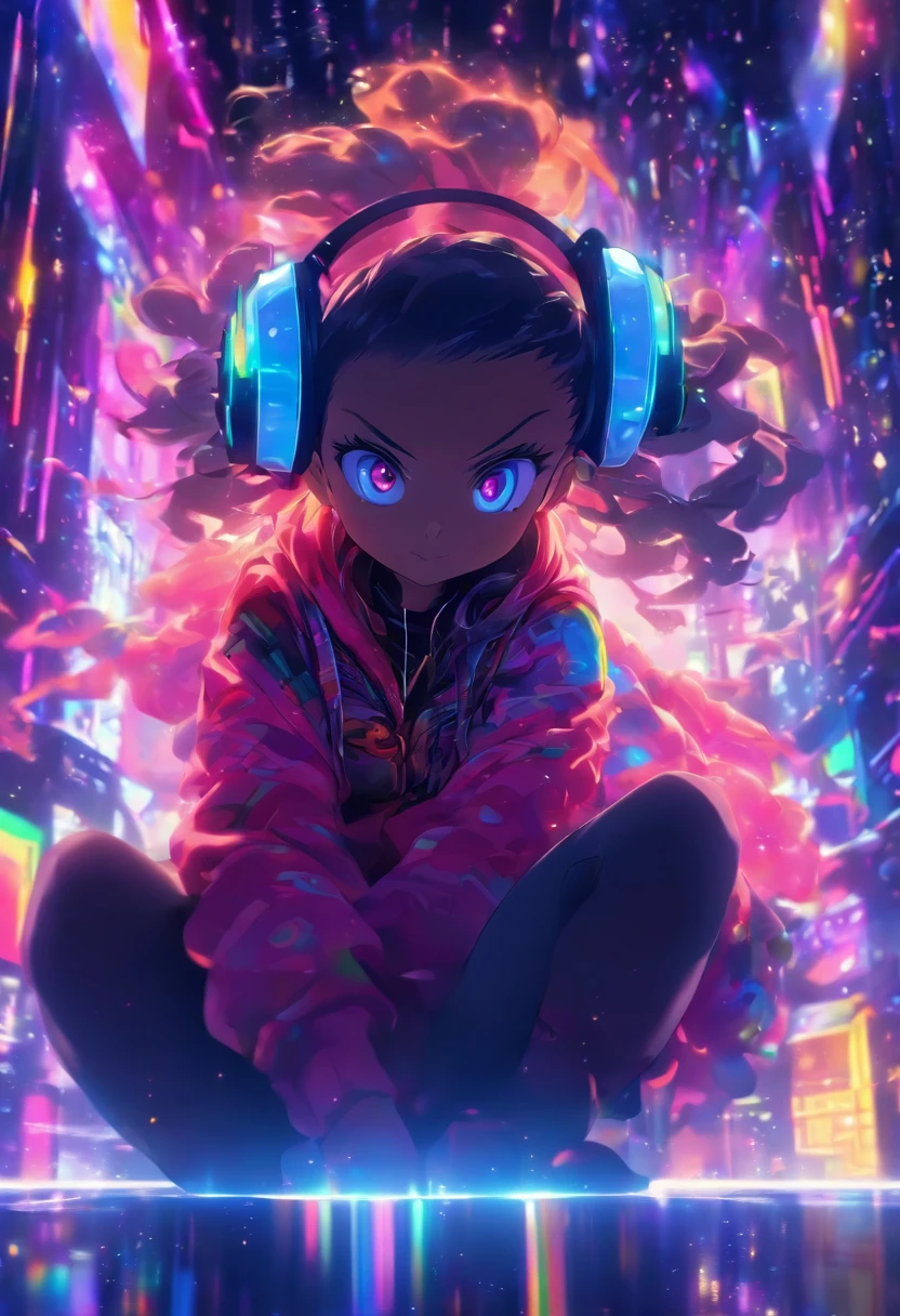 A digital window floating in cyber space and an operator woman sitting on a chair floating in space, operating the window floating around her. A beautiful face and brightly colored shining eyes. She wears a fancy hoodie with a hood and headphones. The lights of the digital window faintly illuminate the dark electronic space. The painting is detailed and well-drawn. Vivid colors. High image quality.