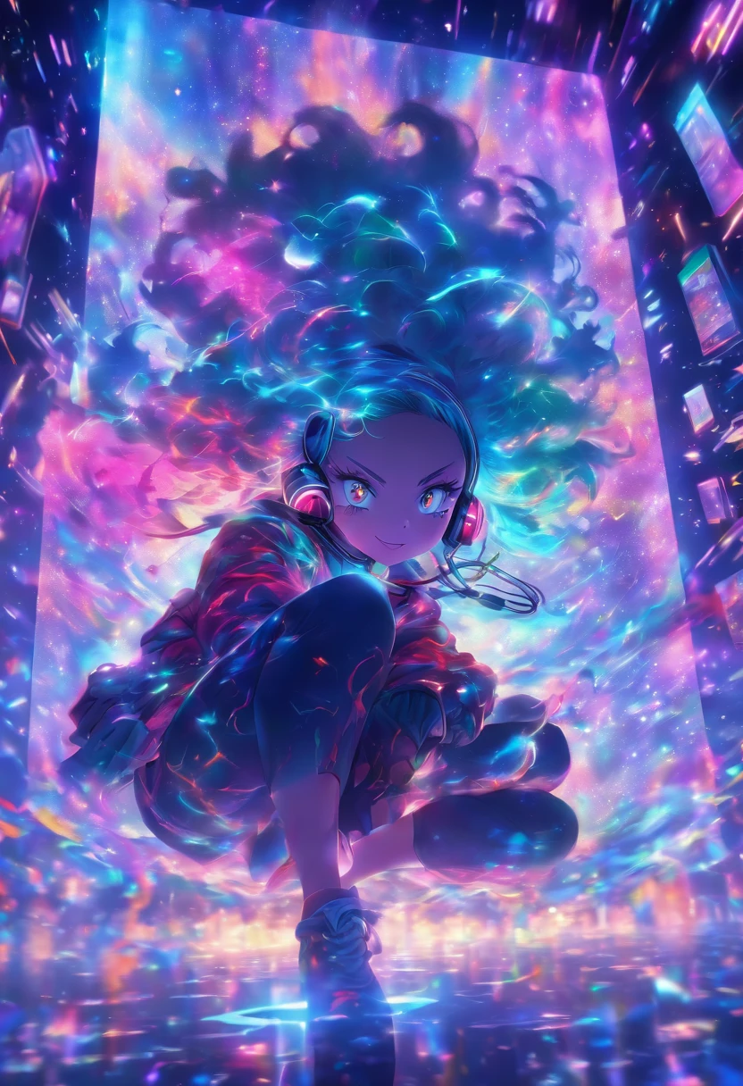 A digital window floating in cyber space and an operator woman sitting on a chair floating in space, operating the window floating around her. A beautiful face and brightly colored shining eyes. She wears a fancy hoodie with a hood and headphones. The lights of the digital window faintly illuminate the dark electronic space. The painting is detailed and well-drawn. Vivid colors. High image quality.
