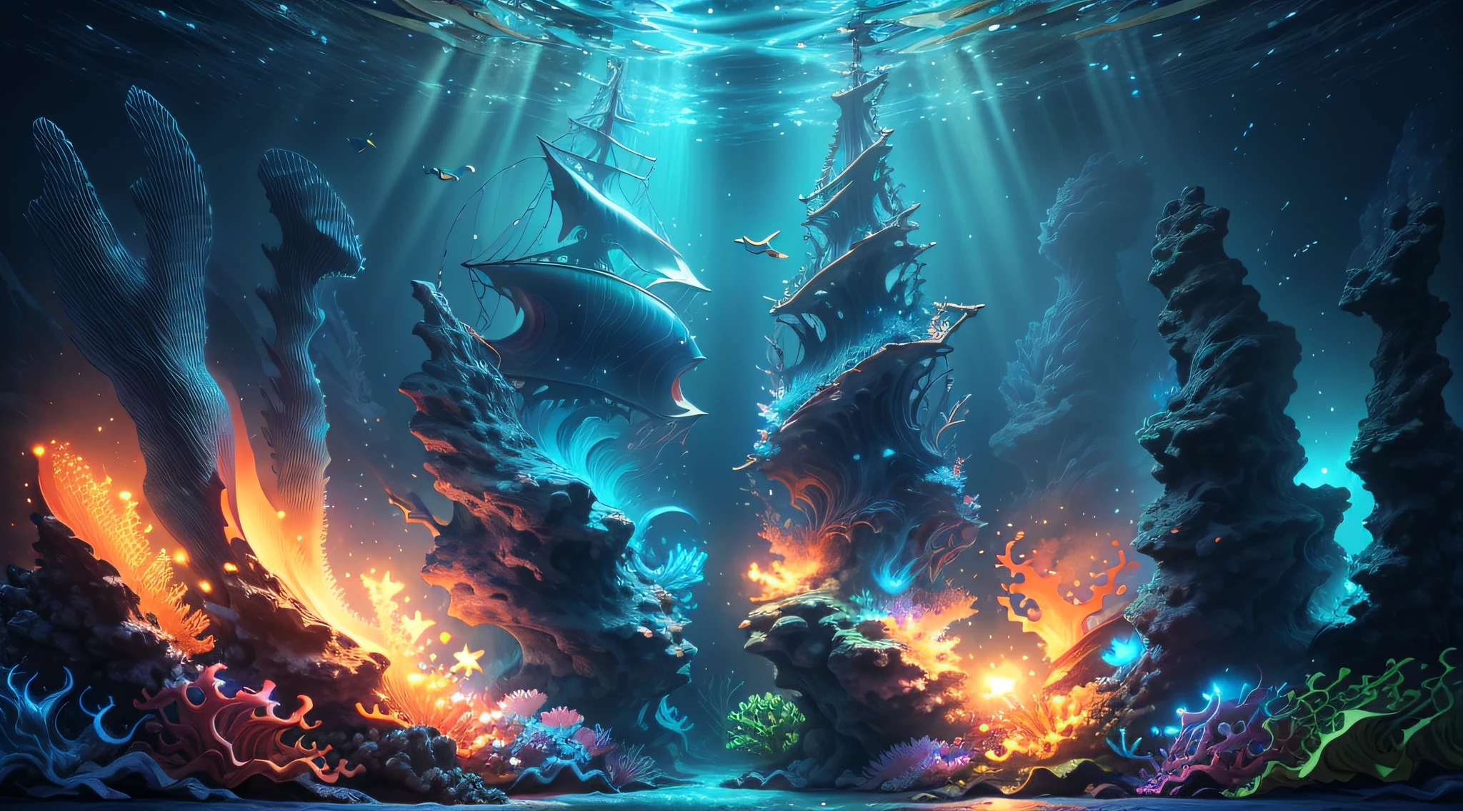 high res RAW, GoPro Image of underwater tropical sea at blue hour, lots of bioluminescent fishs, 8k, HDR, vibrant colors, sharp, high rez, high resolution, curvature of the earths horizon, raytraced lighting and reflection, inspired by Chris Roger and Jake Rich, trending on instagram