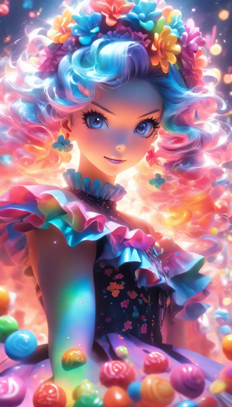 Masterpiece, Best quality,1girll,GothGal,Frilled dress 8K,A high resolution, ( flower_Styler:1.2),(rainbow-candy:1.2)