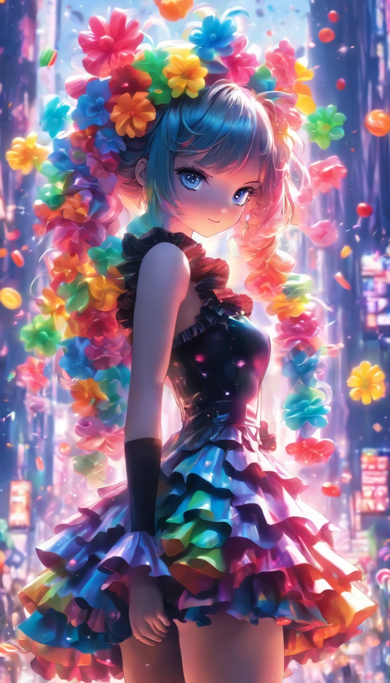 Masterpiece, Best quality,1girll,GothGal,Frilled dress 8K,A high resolution, ( flower_Styler:1.2),(rainbow-candy:1.2)
