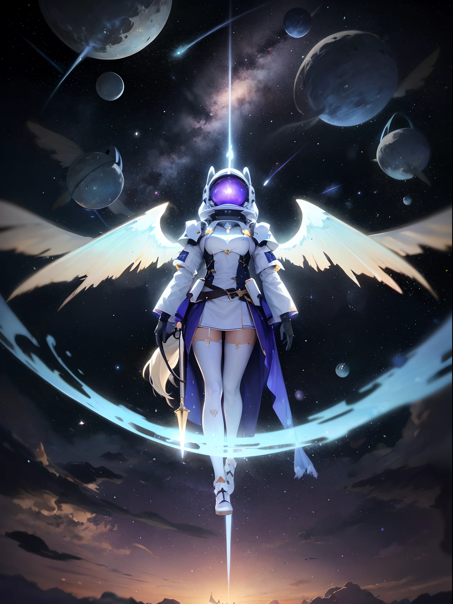 ，Masterpiece, Best quality，8K, 超高分辨率，In the vastness of the universe，Starlight fills the vast night sky。A huge and mysterious planet levitates between stars，Its surface emits a dazzling blue light，Like a brilliant gemstone。Tiny pieces of stardust float above the planet，Shimmering with colorful brilliance。In this boundless universe，Thousands of meteors streak across the night sky，Leave a dazzling trail of light。 Close to the corners of the earth，There is a magnificent and ancient interstellar port。The port is surrounded by towering sci-fi buildings，Made of metal and glass，Reveals a silvery sheen。Strange spaceships docked in port，Their fuselage is covered with intricate details，Exudes an unknown technological atmosphere。 Stand on the central square of the port，A female warrior dressed in silver-white armor stood out。She is tall and majestic，Reveal tenacity and mystery。Above the helmet on the head，A pair of wings shining with purple light loomed，Like wings in the starry sky。She held a sharp energy sword，The sword glows blue light，Illuminate the space around her。