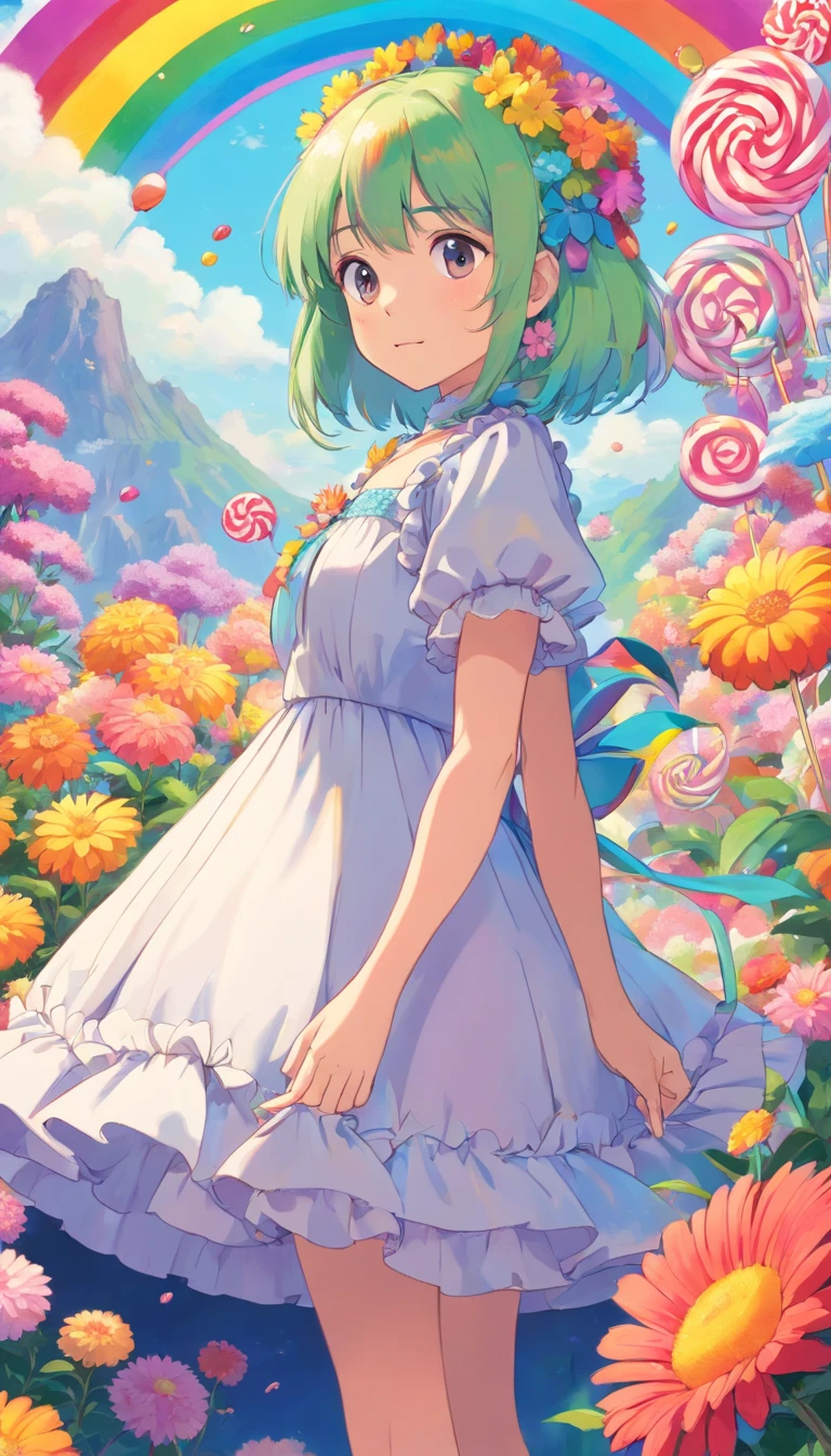 Masterpiece, Best quality,1girll,GothGal,Frilled dress 8K,A high resolution, ( flower_Styler:1.2),(rainbow-candy:1.2)