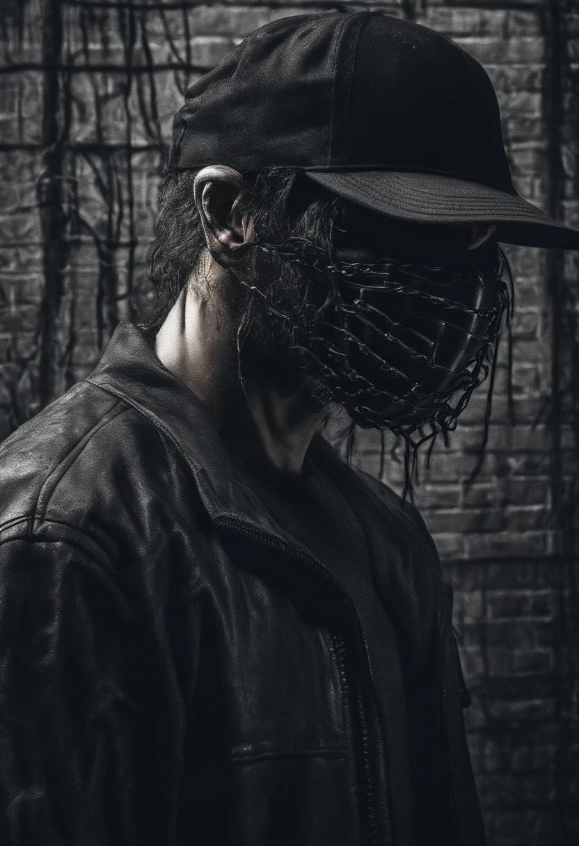 A 23year old guy wearing a black baseball cap and black face mask. he is suffering a lot of pain but can't show it he's too exhausted to escape the mental chains. his hair is shoulder length, he's against a wall, and he has an adult body