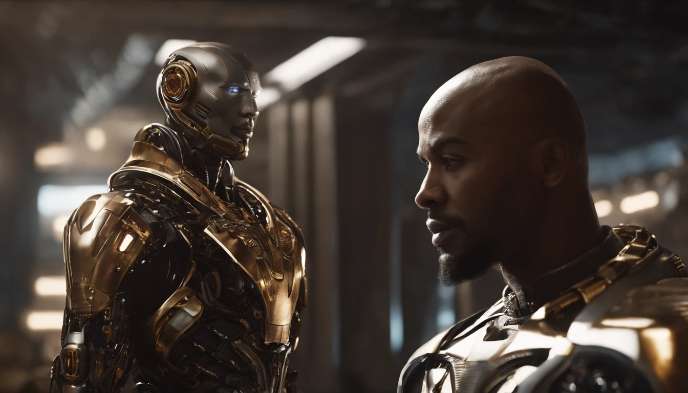 "Create a detailed illustration of a cyborg character: a black male with a striking appearance. The cyborg should have a combination of organic and mechanical features. His face should be forward-facing, showcasing a bald head with a sleek, metallic finish on one side, transitioning seamlessly into human skin on the other. He should have a finely groomed goatee, short arching eyebrows, and full, expressive lips.
The cyborg's mechanical side should be adorned in a captivating blend of gold and purple hues, with intricate details and accents that enhance the futuristic and otherworldly aesthetic. His human side should exude a sense of realism and emotion, creating a captivating contrast.
The background of the illustration should be a split scene, with one half featuring a high-tech robotics factory filled with machinery, sparks, and futuristic architecture, emphasizing the process of his transformation into a cyborg. The other half of the background should be a breathtaking view of the universe, filled with stars, galaxies, and cosmic wonders, symbolizing the limitless possibilities and mysteries of the future.
Please ensure that the illustration captures the essence of this unique character, blending the realms of humanity and technology while telling a visual story of transformation and the vastness of the cosmos.