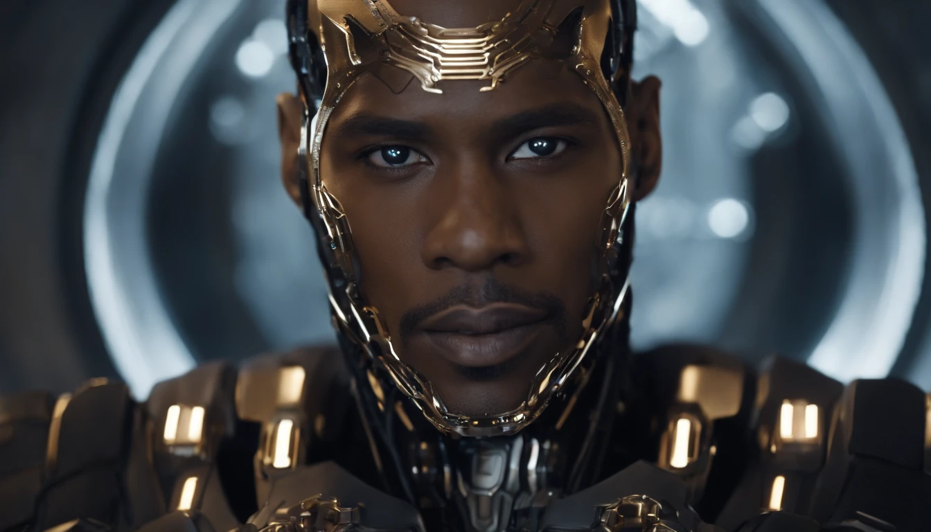 "Create a detailed illustration of a cyborg character: a black male with a striking appearance. The cyborg should have a combination of organic and mechanical features. His face should be forward-facing, showcasing a bald head with a sleek, metallic finish on one side, transitioning seamlessly into human skin on the other. He should have a finely groomed goatee, short arching eyebrows, and full, expressive lips.
The cyborg's mechanical side should be adorned in a captivating blend of gold and purple hues, with intricate details and accents that enhance the futuristic and otherworldly aesthetic. His human side should exude a sense of realism and emotion, creating a captivating contrast.
The background of the illustration should be a split scene, with one half featuring a high-tech robotics factory filled with machinery, sparks, and futuristic architecture, emphasizing the process of his transformation into a cyborg. The other half of the background should be a breathtaking view of the universe, filled with stars, galaxies, and cosmic wonders, symbolizing the limitless possibilities and mysteries of the future.
Please ensure that the illustration captures the essence of this unique character, blending the realms of humanity and technology while telling a visual story of transformation and the vastness of the cosmos.