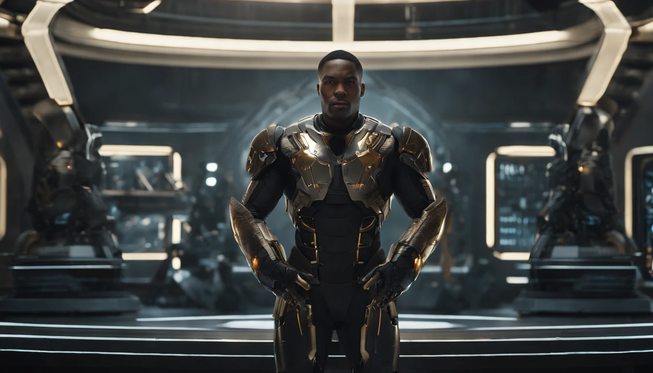 "Create a detailed illustration of a cyborg character: a black male with a striking appearance. The cyborg should have a combination of organic and mechanical features. His face should be forward-facing, showcasing a bald head with a sleek, metallic finish on one side, transitioning seamlessly into human skin on the other. He should have a finely groomed goatee, short arching eyebrows, and full, expressive lips.
The cyborg's mechanical side should be adorned in a captivating blend of gold and purple hues, with intricate details and accents that enhance the futuristic and otherworldly aesthetic. His human side should exude a sense of realism and emotion, creating a captivating contrast.
The background of the illustration should be a split scene, with one half featuring a high-tech robotics factory filled with machinery, sparks, and futuristic architecture, emphasizing the process of his transformation into a cyborg. The other half of the background should be a breathtaking view of the universe, filled with stars, galaxies, and cosmic wonders, symbolizing the limitless possibilities and mysteries of the future.
Please ensure that the illustration captures the essence of this unique character, blending the realms of humanity and technology while telling a visual story of transformation and the vastness of the cosmos.